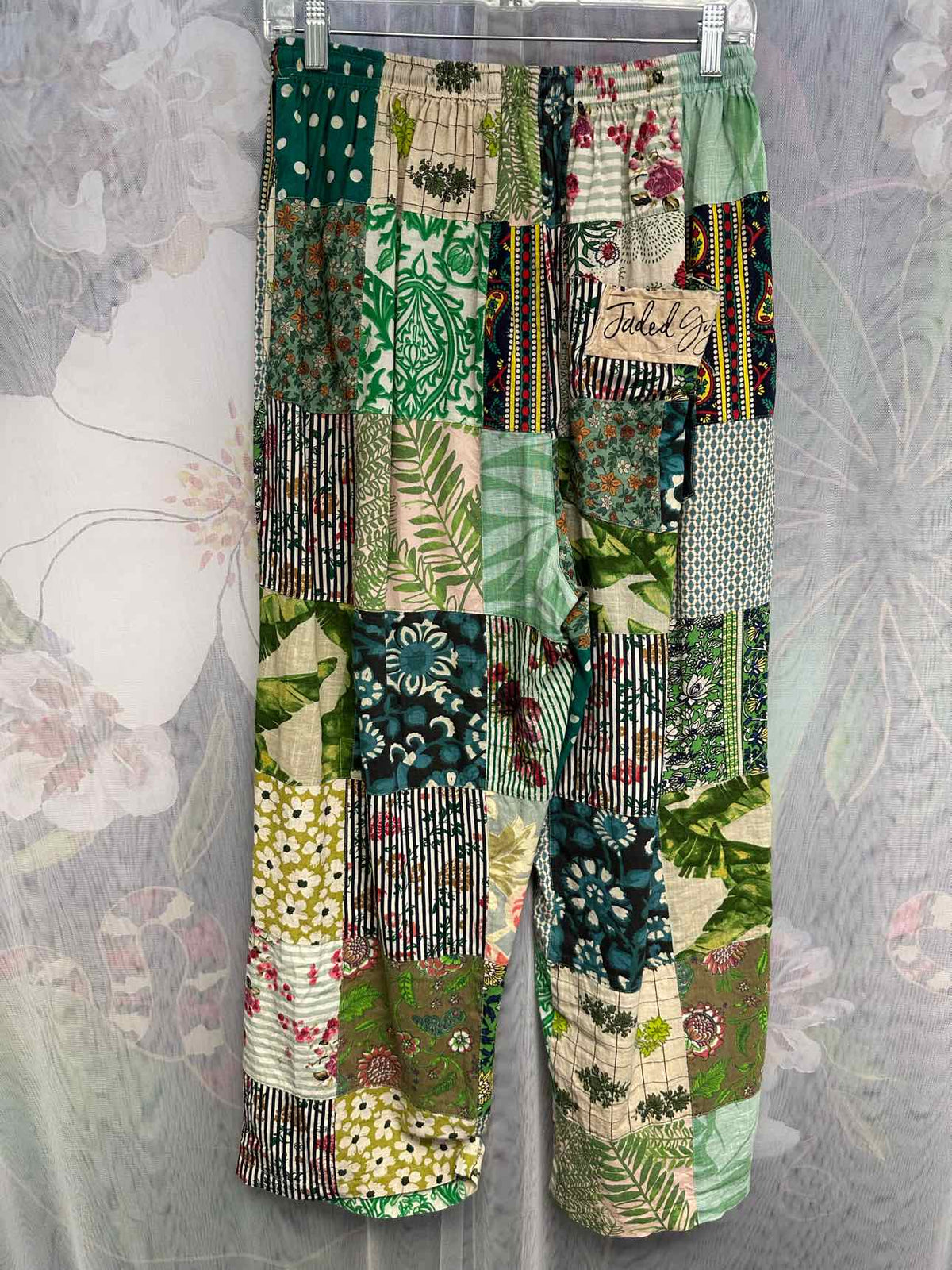 Jaded Gypsy Patchwork Drawstring Waist Loose Fit Wide Leg Size L/XL Green Pants