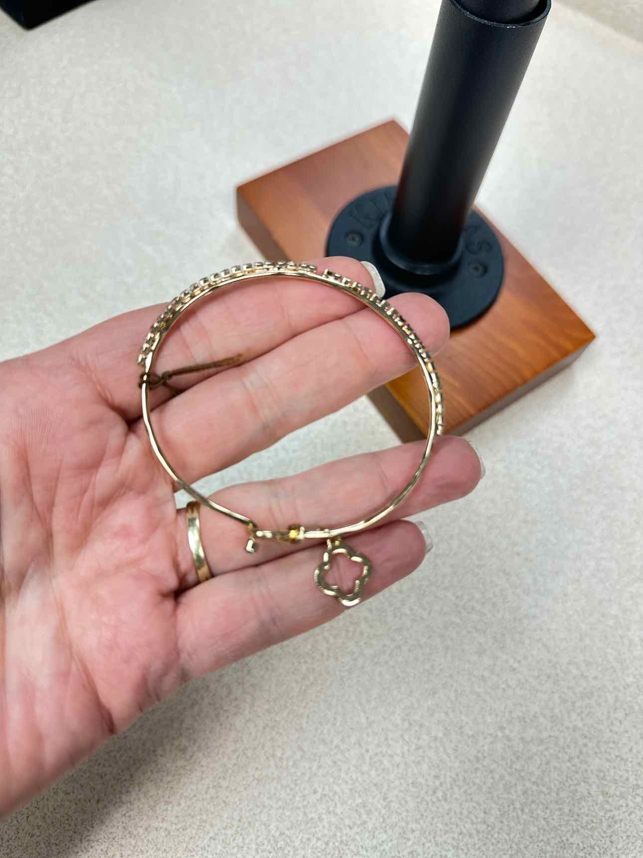 Crystal Clover Charm Hook Gold-Tone Bracelet