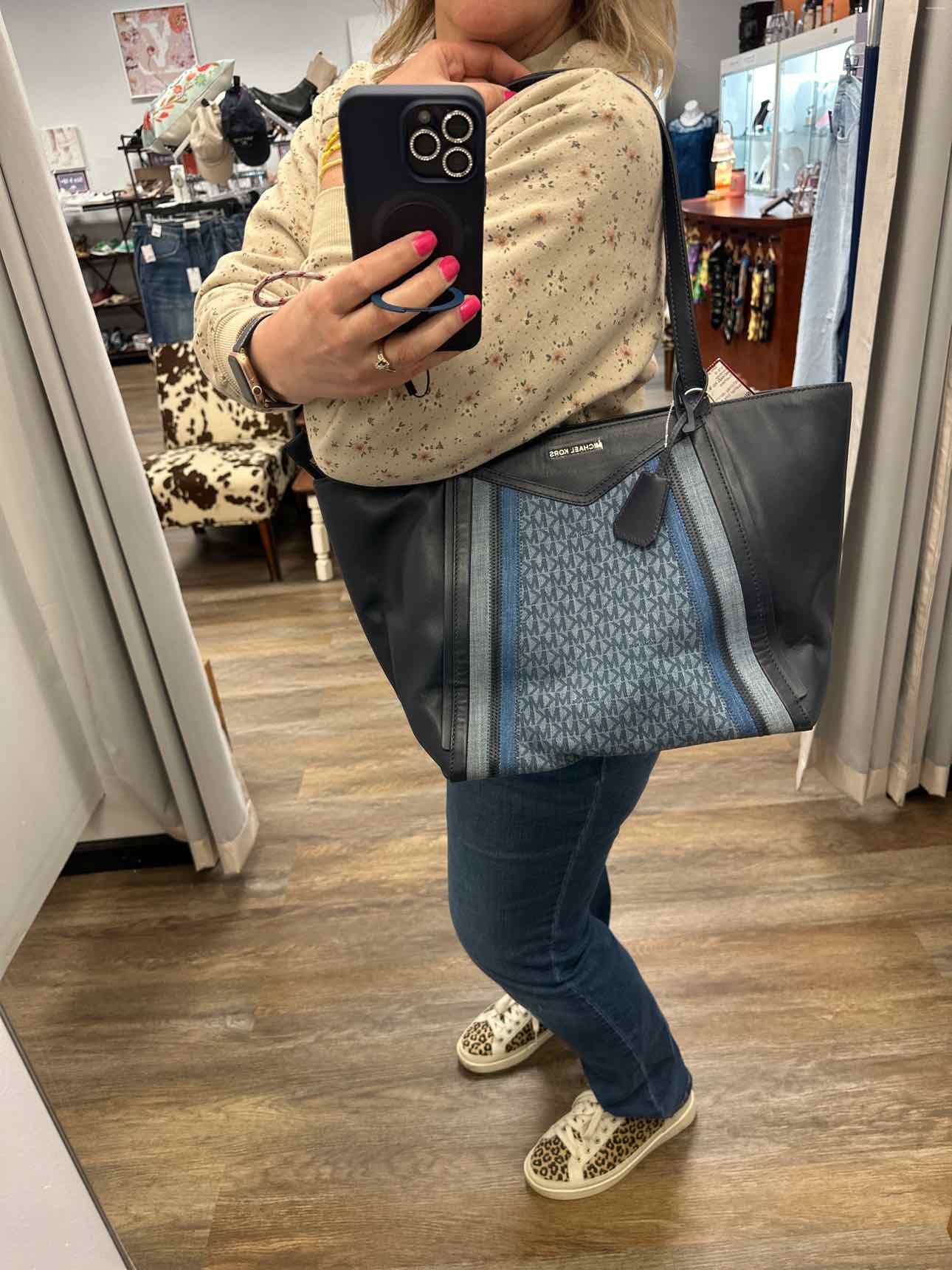 MICHAEL KORS Whitney Denim Blue and Navy Logo Shoulder Tote Handbag