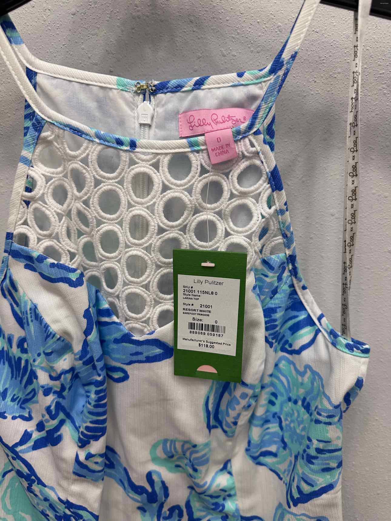 Lilly Pulitzer Size 0 Blue White Barefoot Princess Shell Print Blouse Tank Top NEW NWT