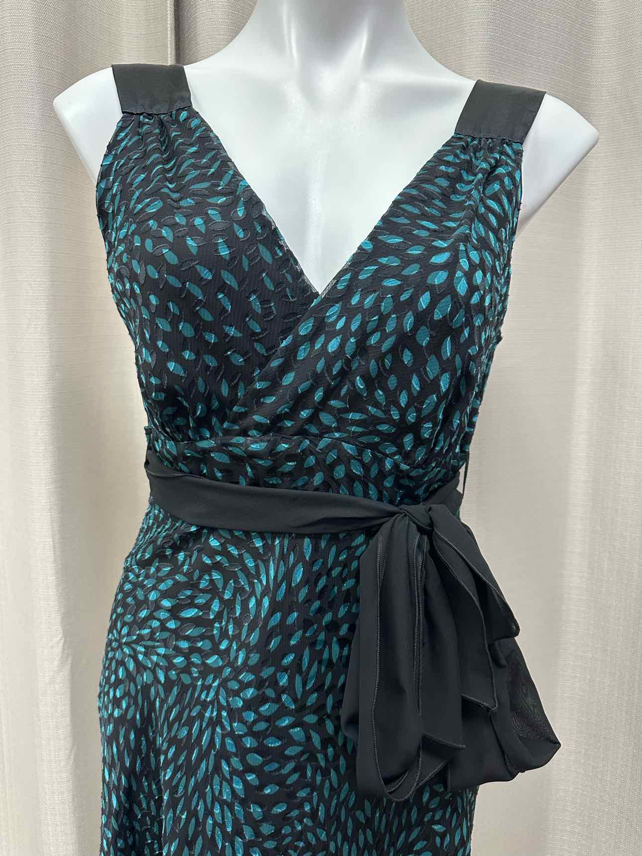 Karen Millen Flowy Print Design Belted Size 14 Black/Teal Dress