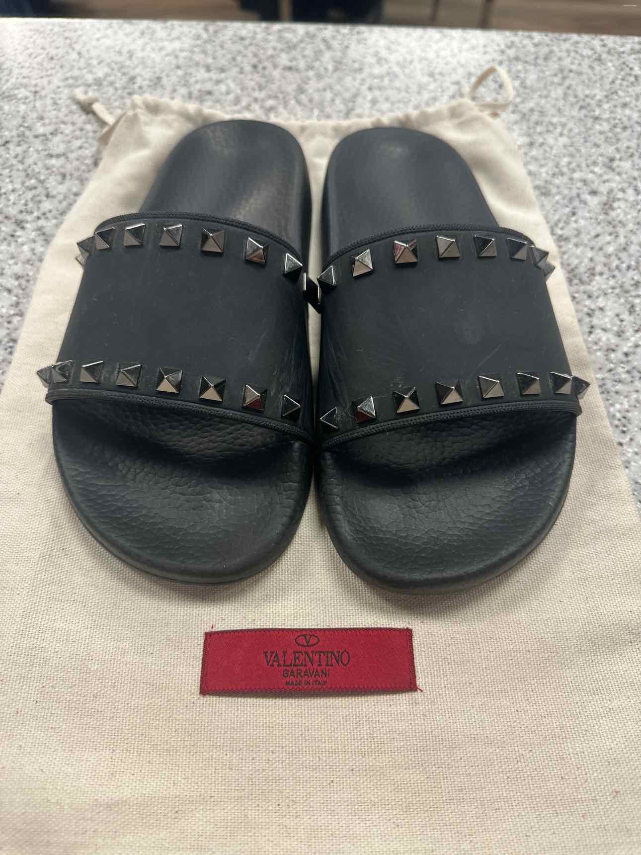 Valentino Size 37 Black Rockstud Slide Rubber Cushion Sandals Shoes