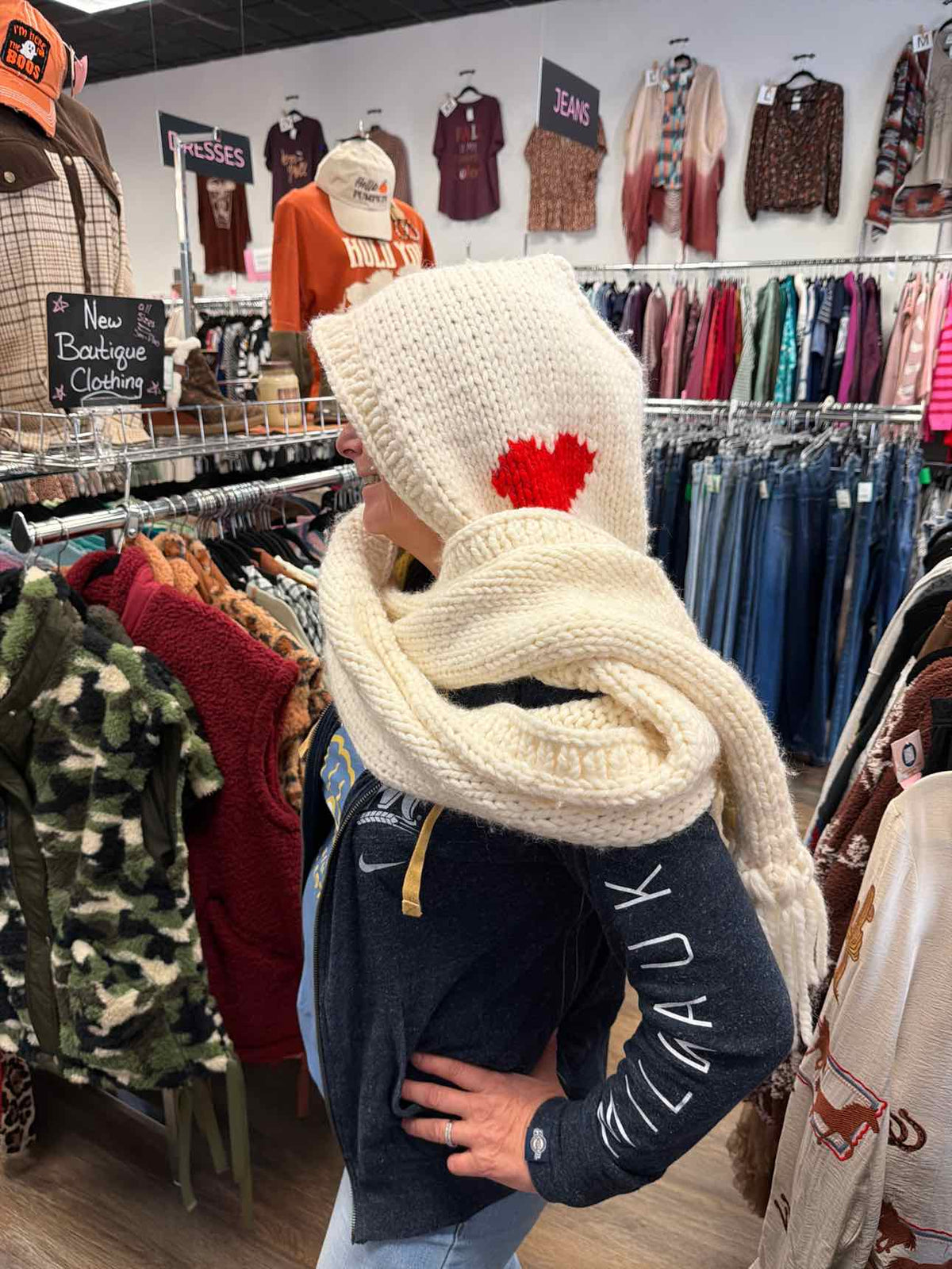 GOGO Cream-White Knit Hooded Scarf Heart Graphic NEW NWT