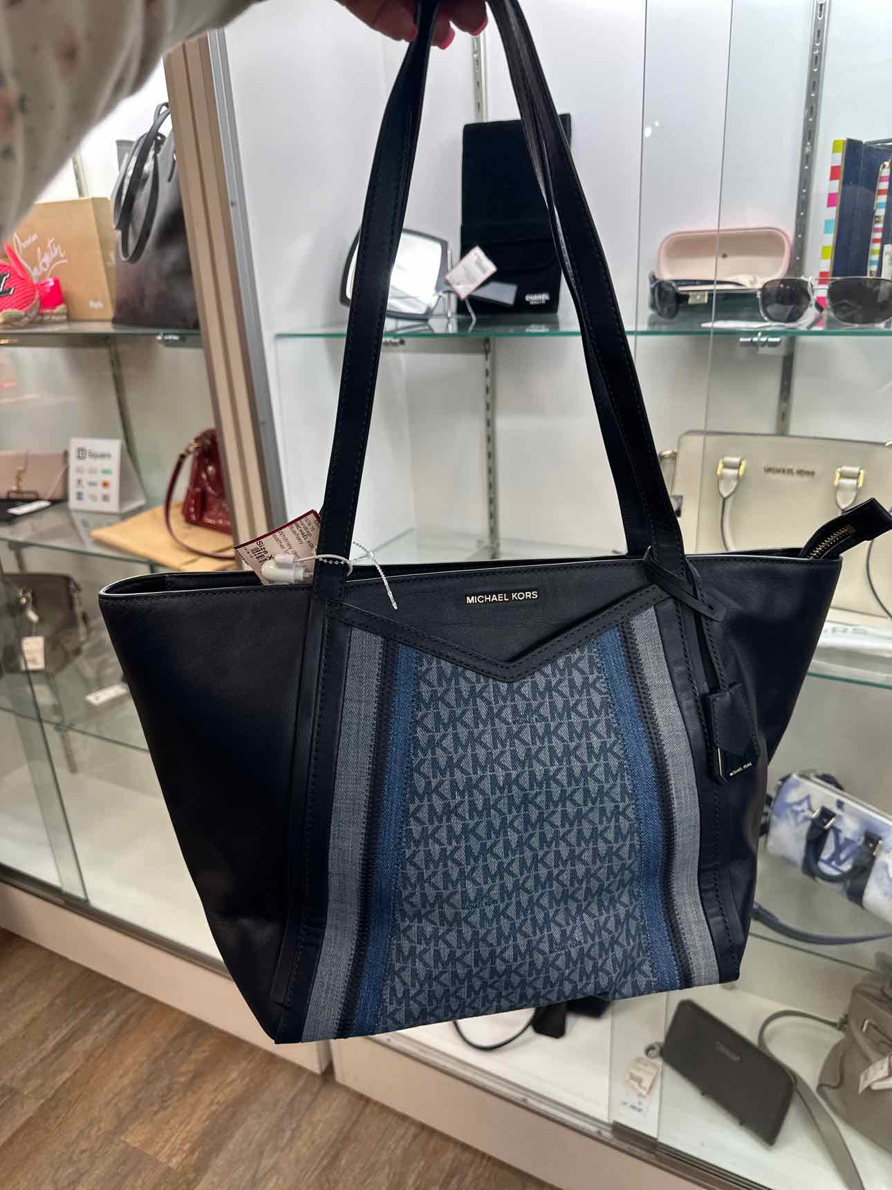 MICHAEL KORS Whitney Denim Blue and Navy Logo Shoulder Tote Handbag