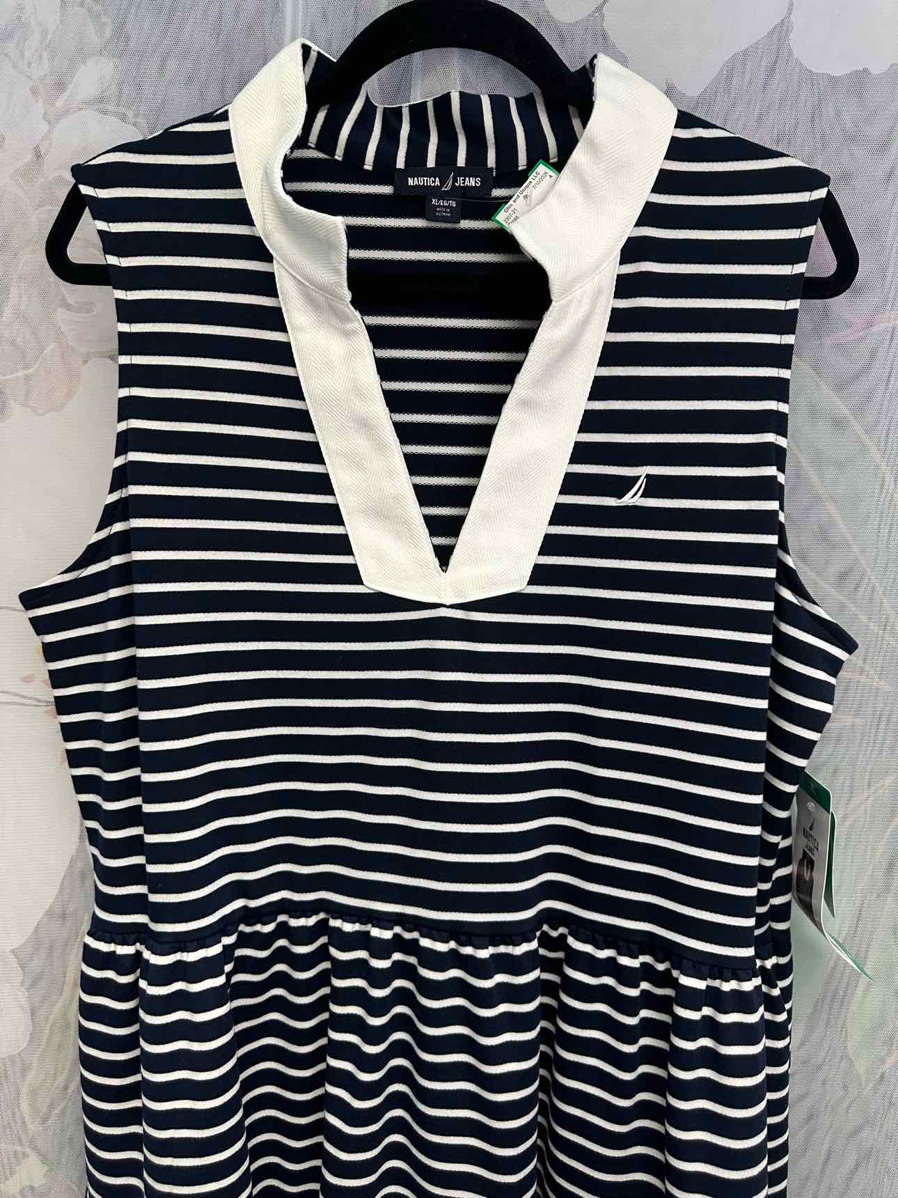 Nautica NEW NWT Striped Sleeveless Collared V-Neck XL Navy/White Smock Dress