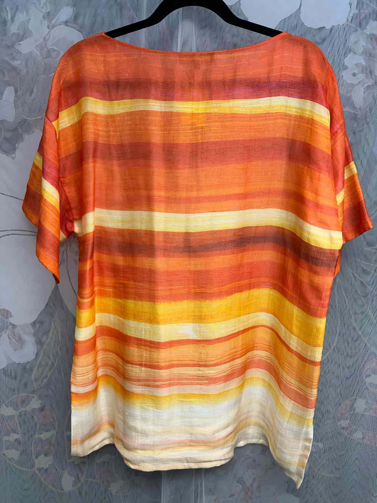 Lafayette 148 Silk Linen Blend Stripe Short Sleeve Size Medium Orange Top