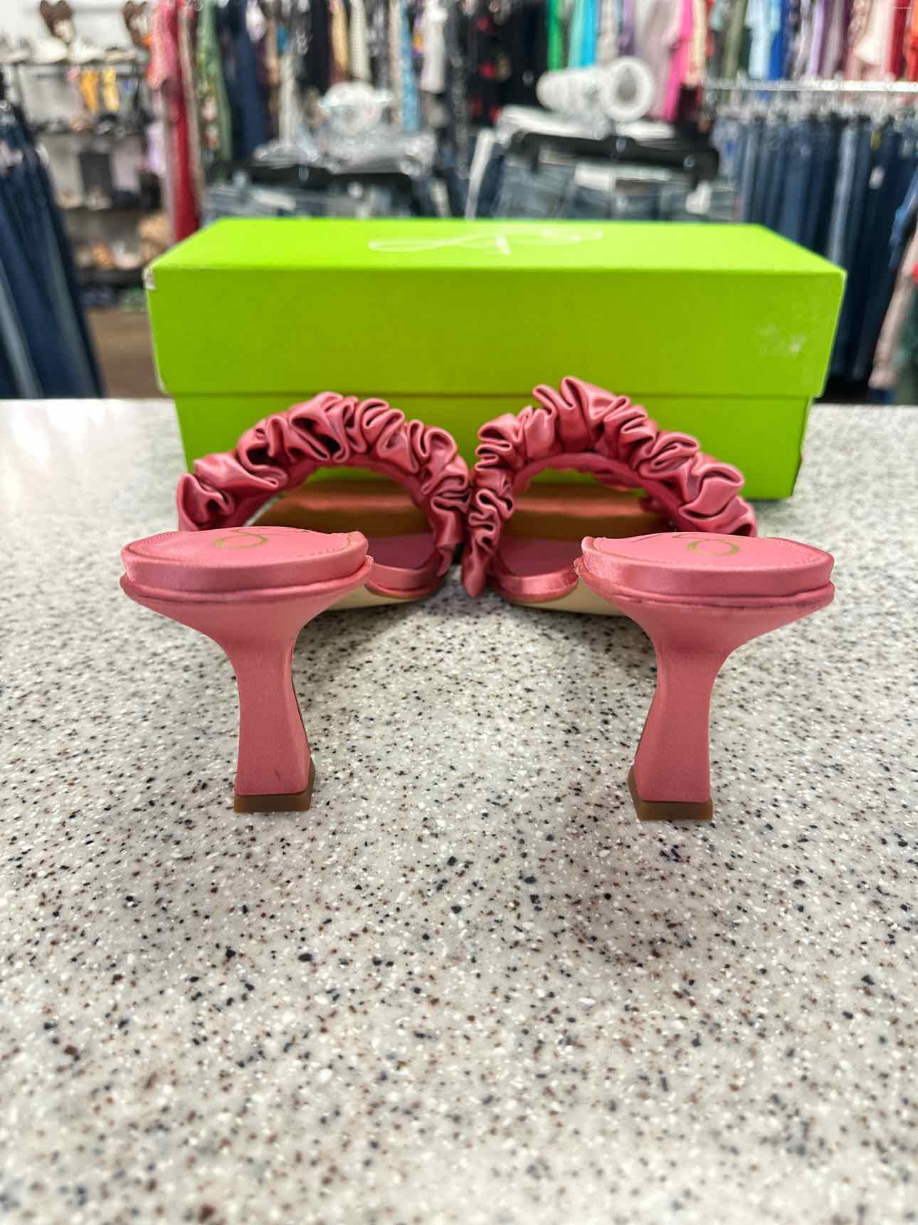 Sam Edelman Size 7 1/2 Kady Carmine Rose Ruched Ruffles Square Toe Mules Sandals