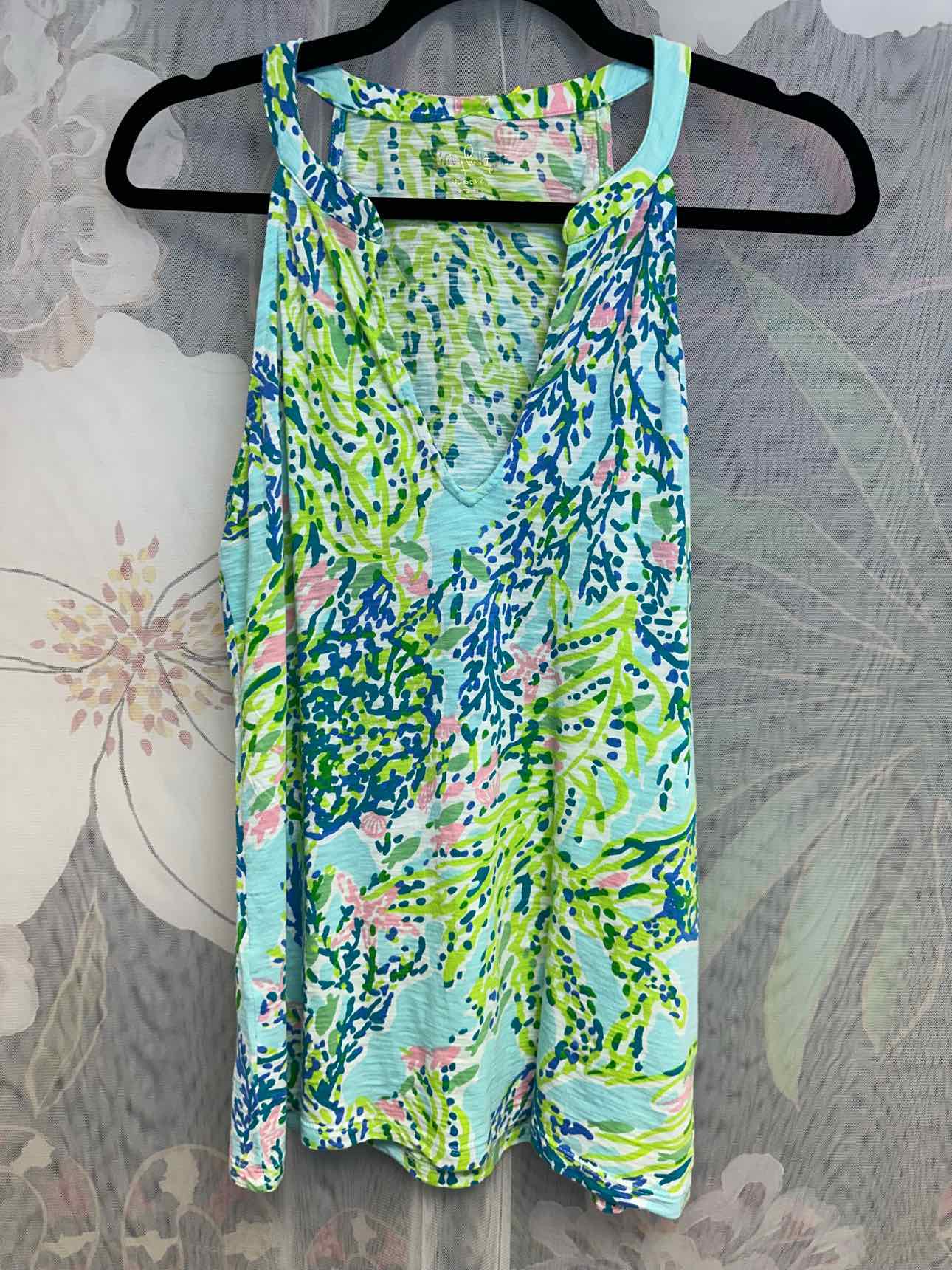 Lilly Pulitzer100% Cotton Sea Print Design Halter V-Neck Medium Blue/Green Tank