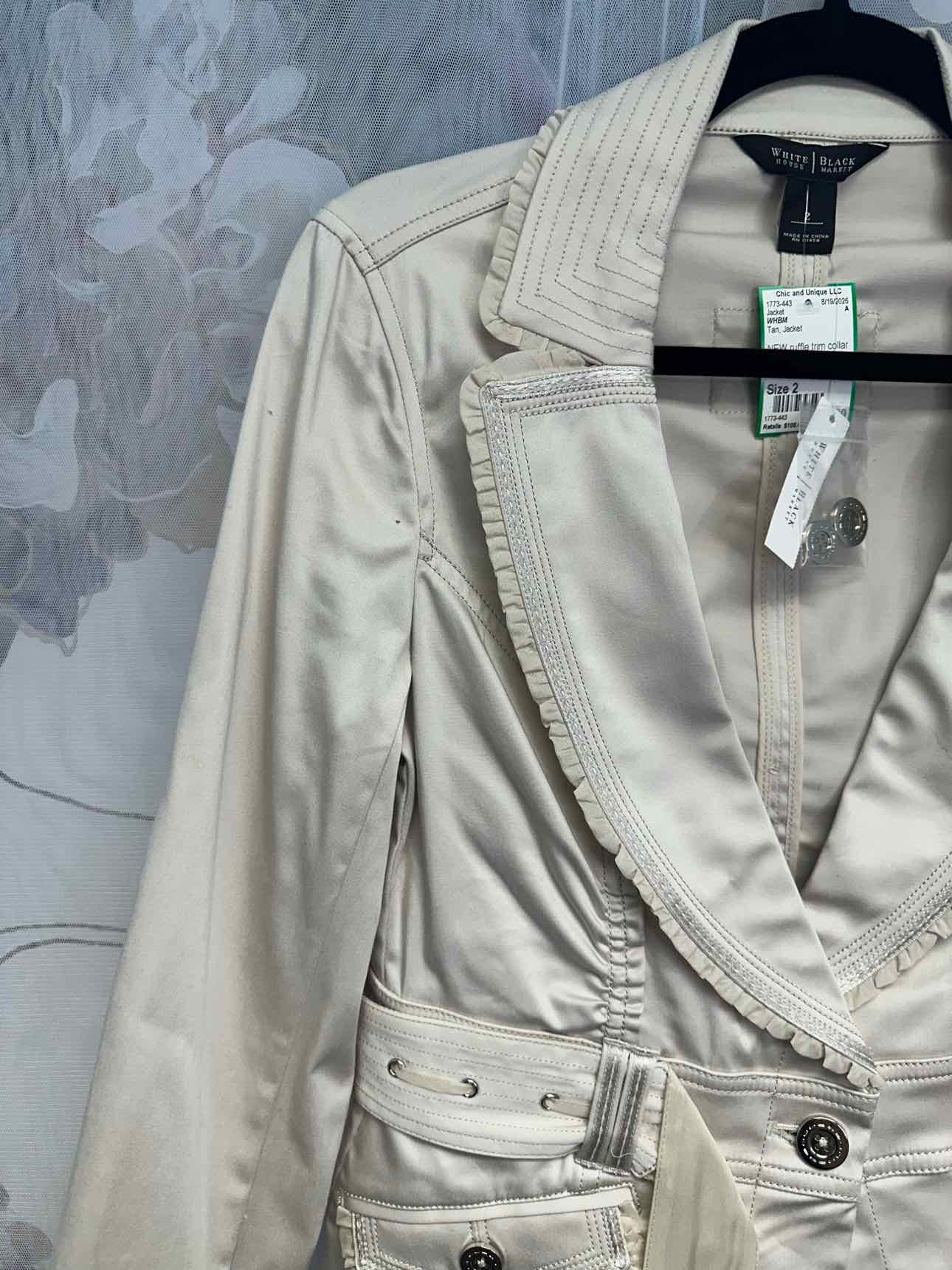 WHBM NEW NWT Ruffle Trim Lightweight Belted Blazer Size 2 Tan Jacket