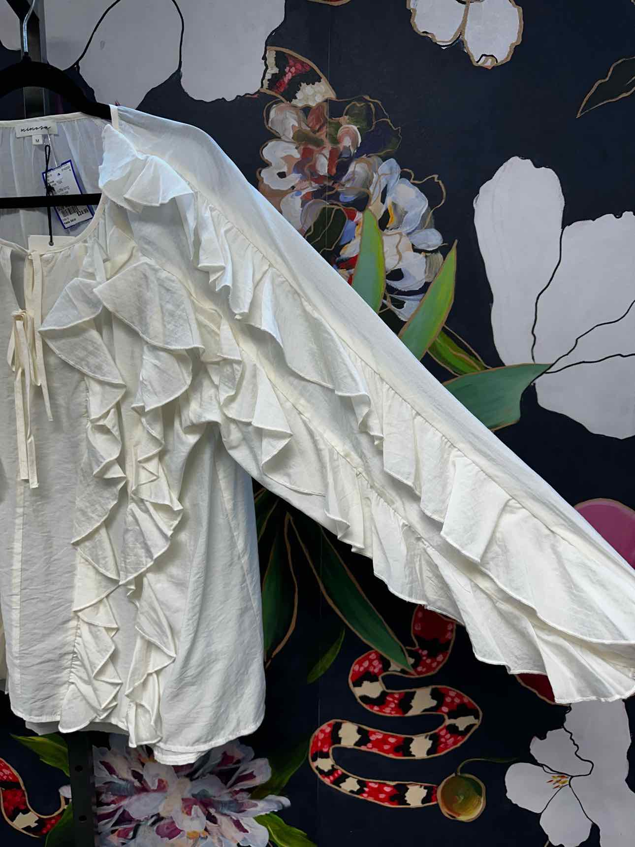Mimosa Size Medium Off White Women's Long Sleeve Ruffled Blouse Top