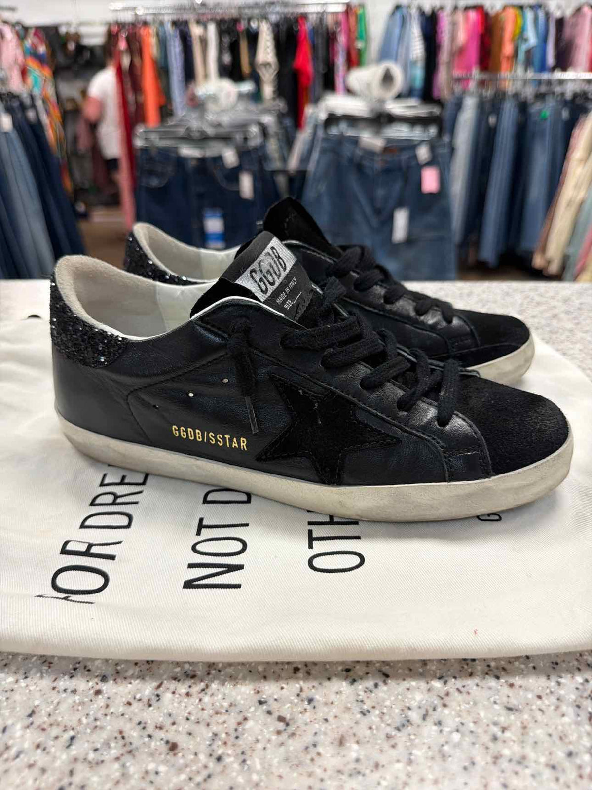 Golden Goose Size 37 Black Super-Star Nappa Leather Sneakers Glitter Shoes