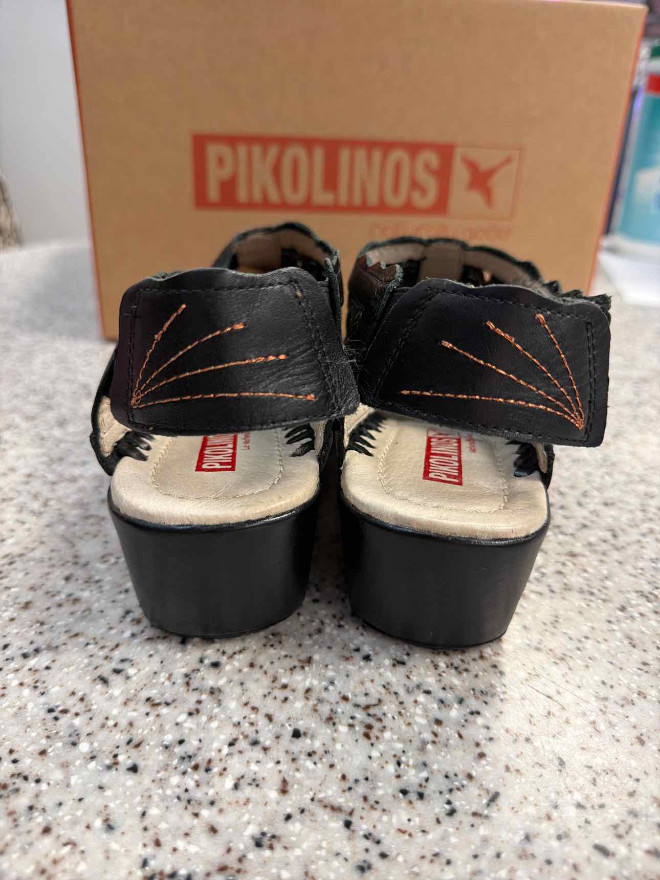 Pikolinos Size 38 Romana Floral Leather Slingback Black Olive Shoes
