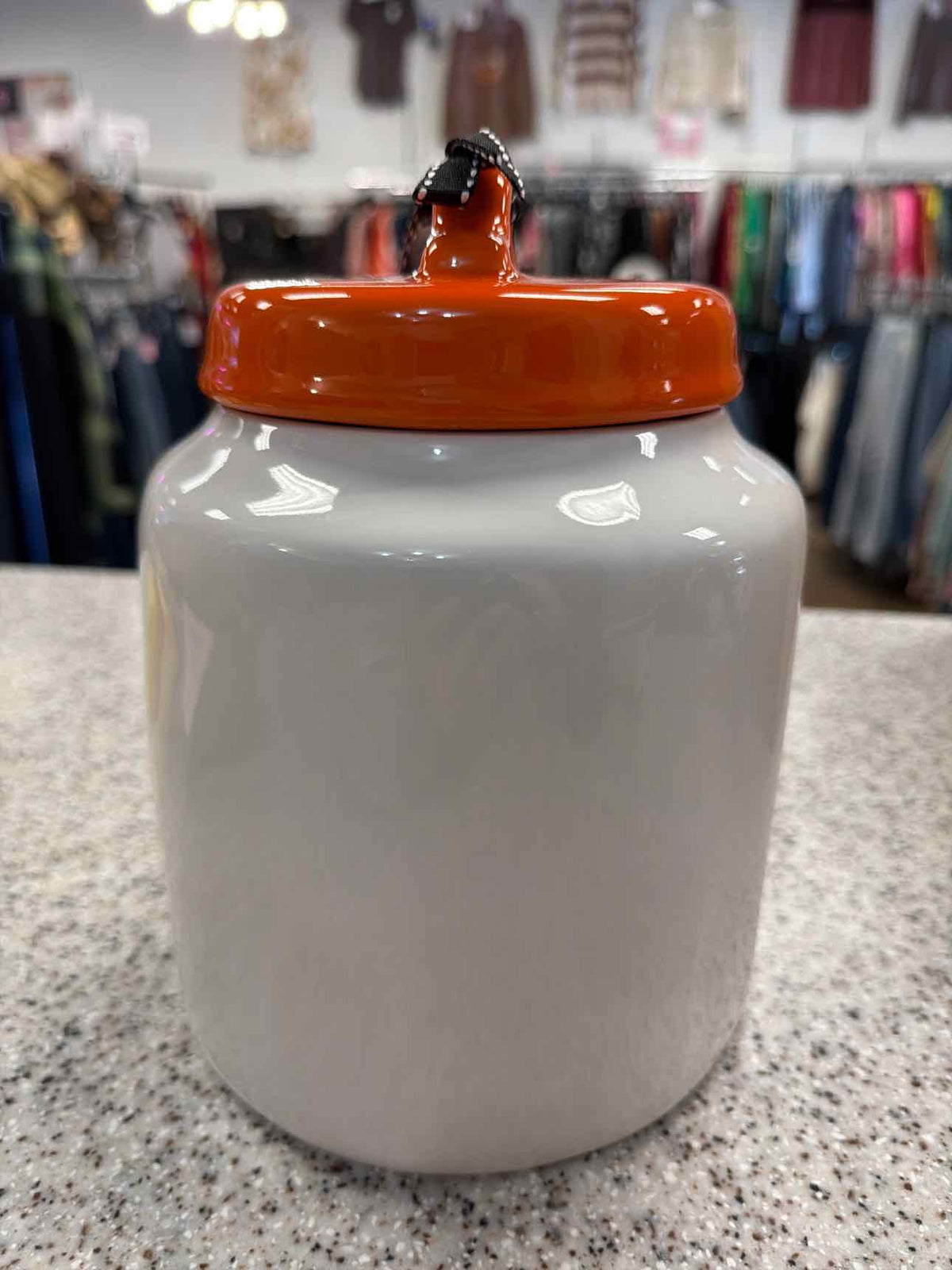 Rae Dunn NEW "Tricks and Treats" Halloween Ceramic Cookie Jar and Lid Household