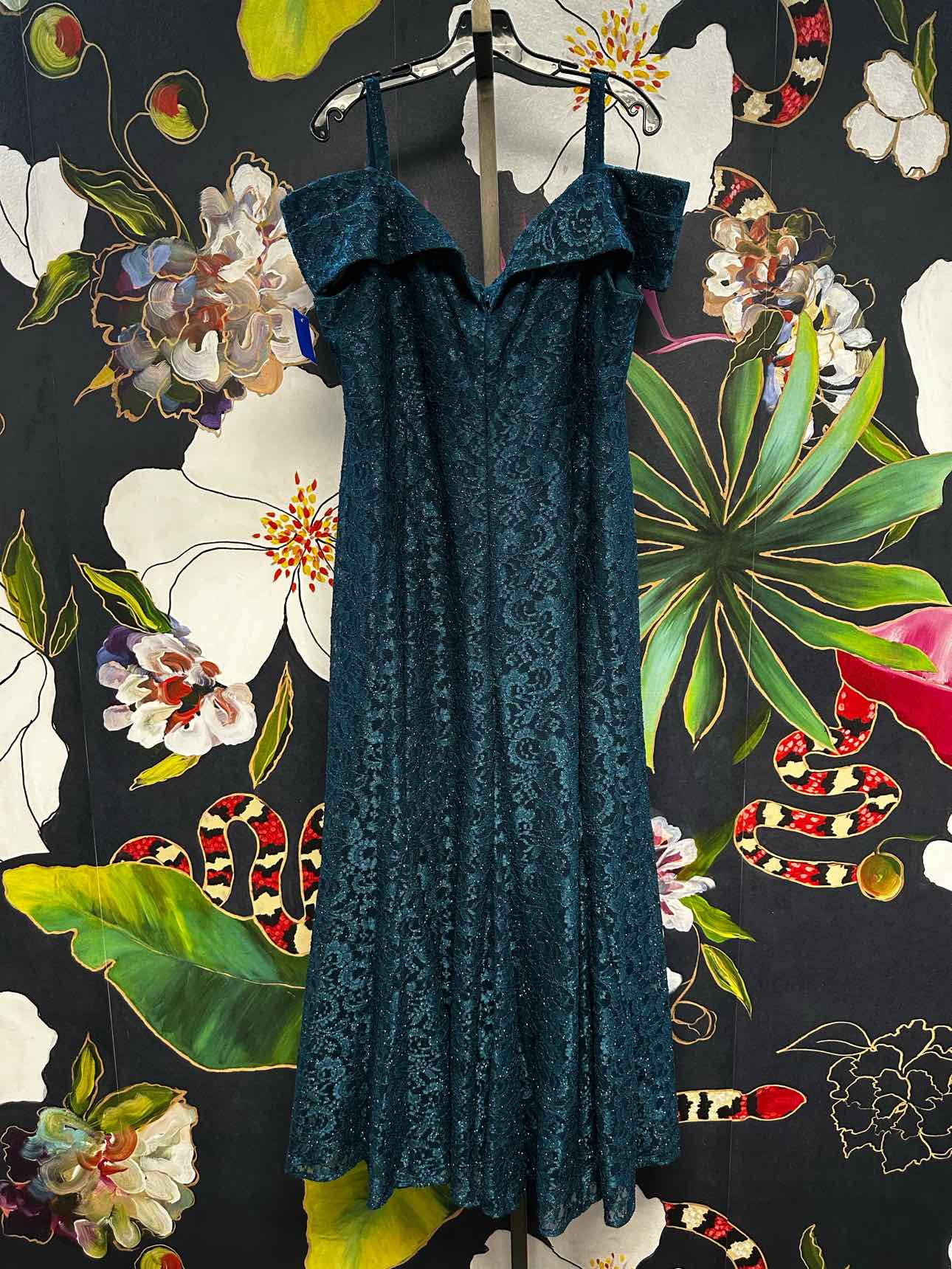 R&M Richards Size 22 Dark Teal Formal Embroidered Glitter Midi Gown Dress