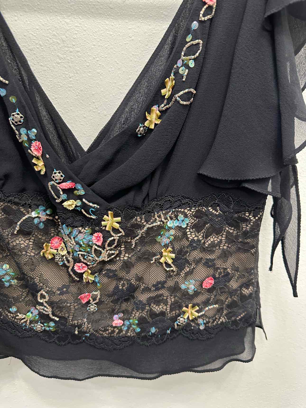 Karen Millen 100% Silk Floral Decor Lace Overlay Plunge Neck 14 Black/Tan Top