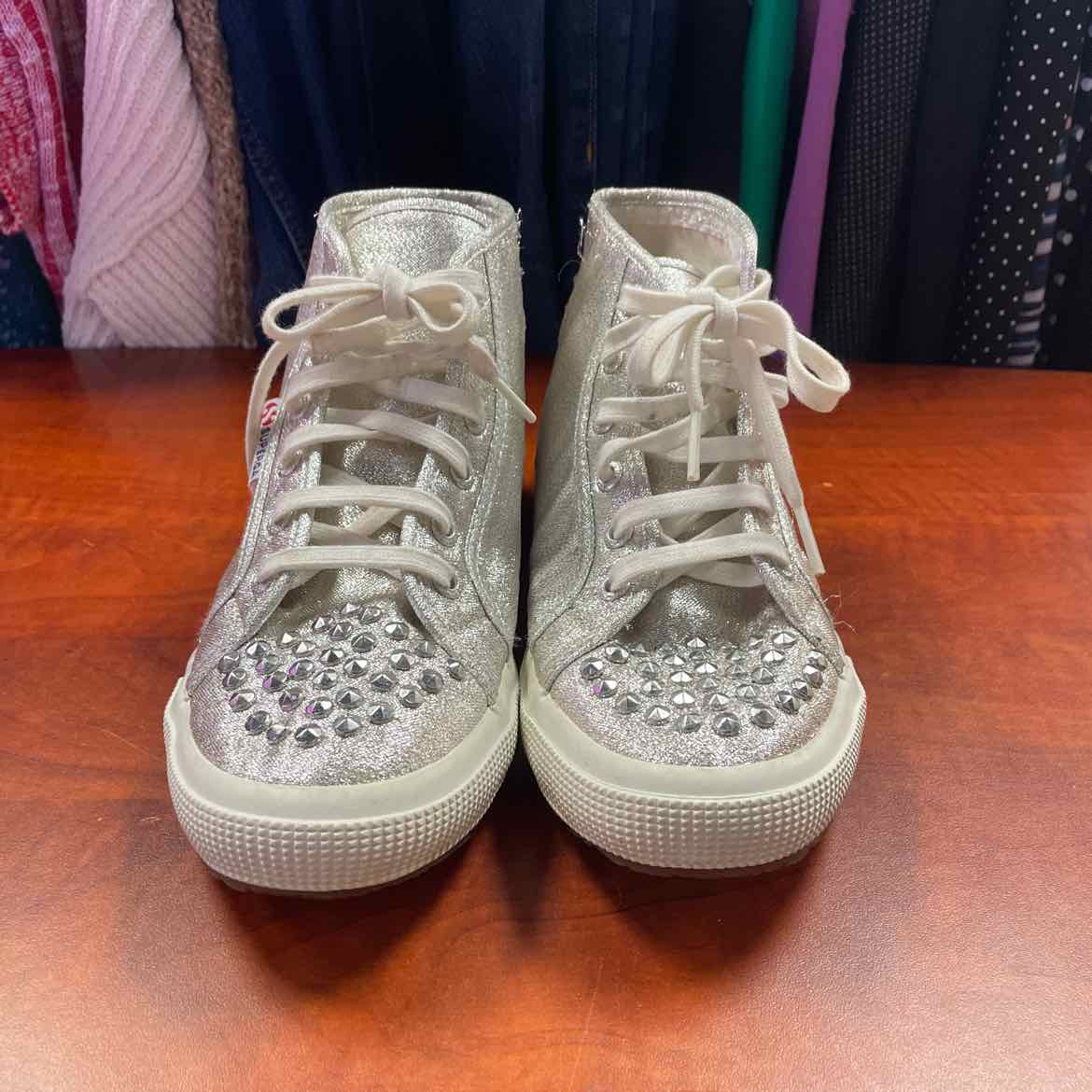 Superga 2095-LameStud Silver Stud Hi-Top Sneakers Size 5 1/2