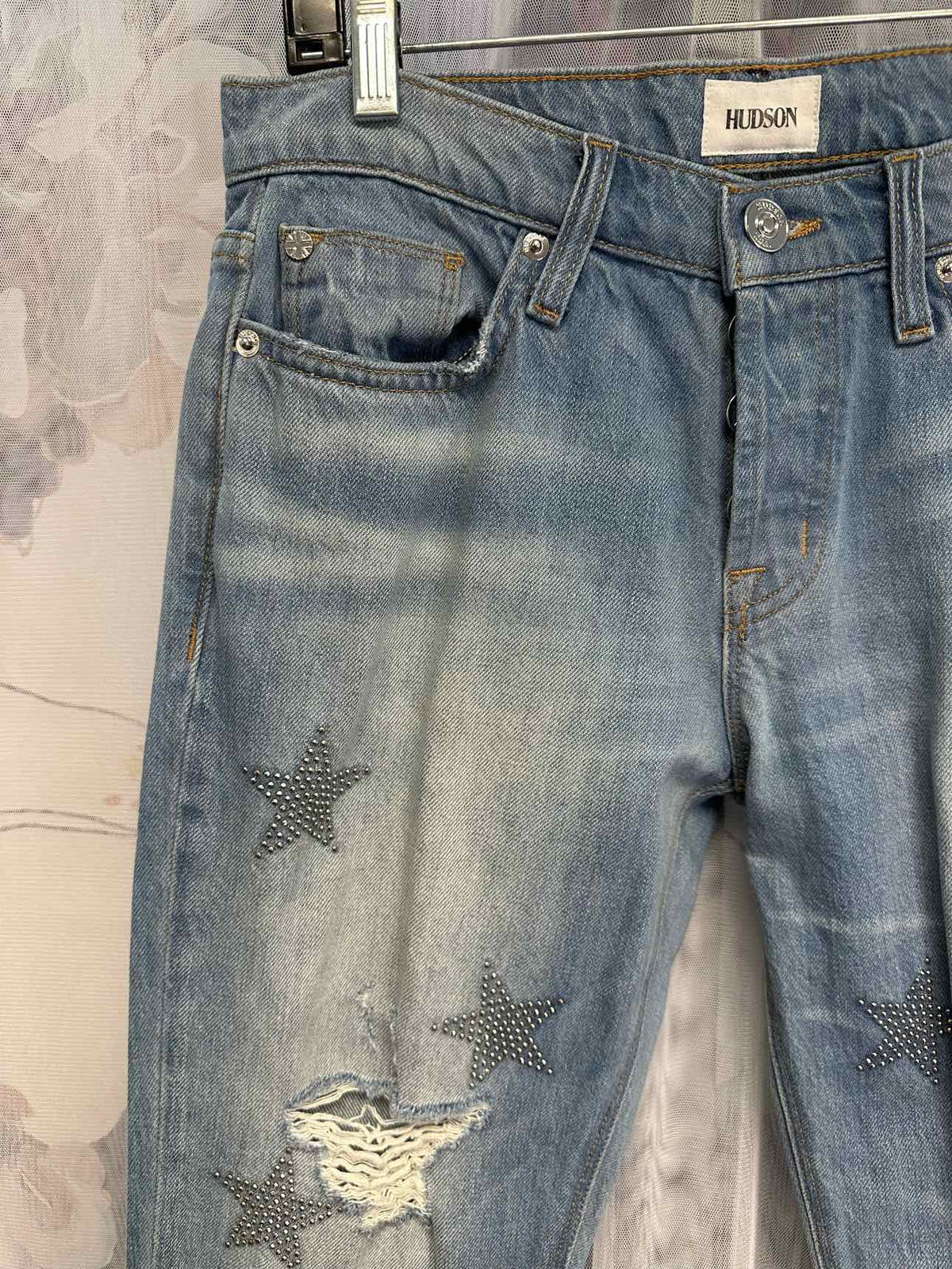 Hudson Riley Crop Relaxed Straight Star Rhinestone Decor Size 25 Denim Jeans