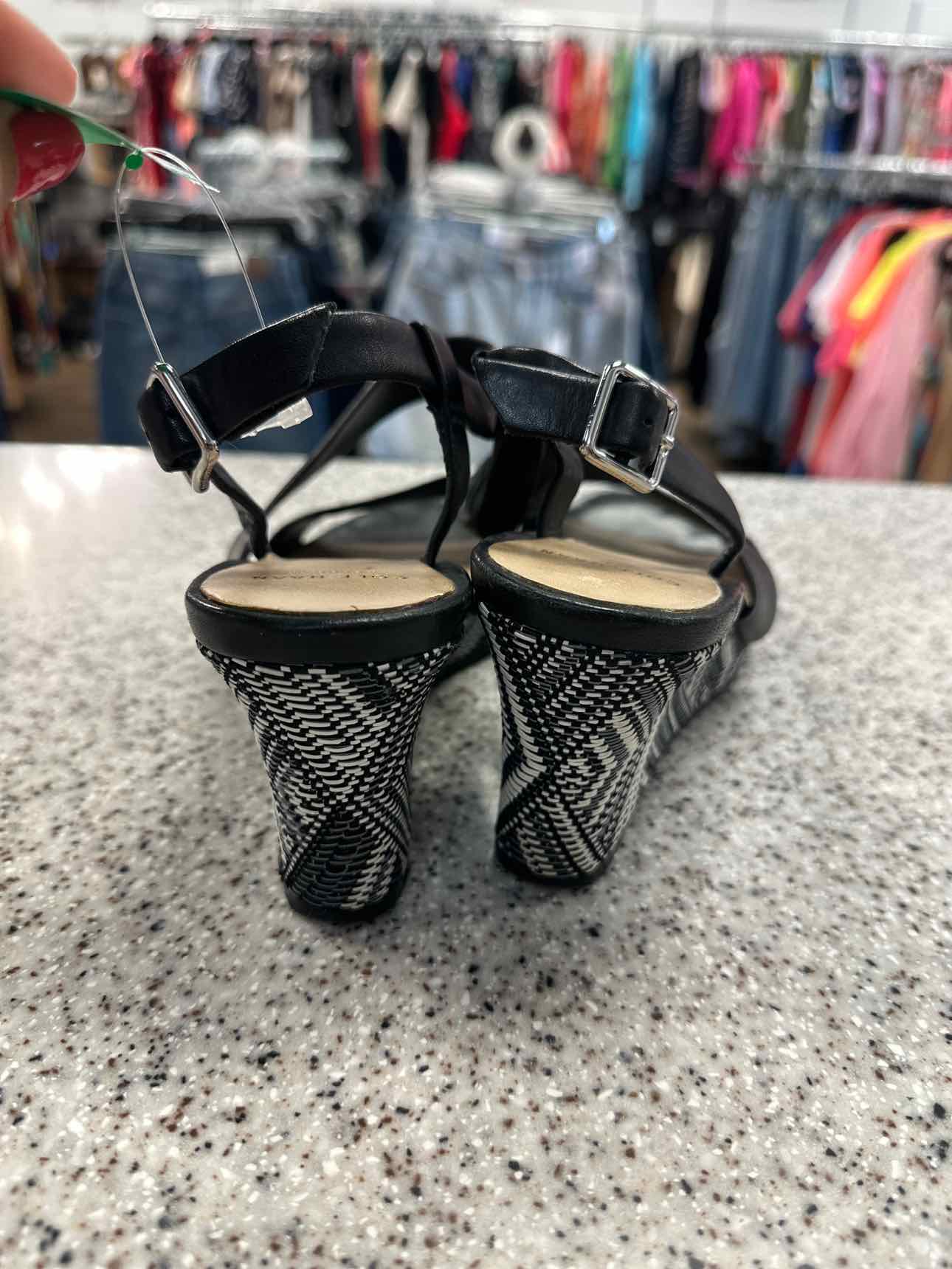 Cole Haan Size 7 Ravenna embroidered woven strappy heel Black White Sandal Shoes