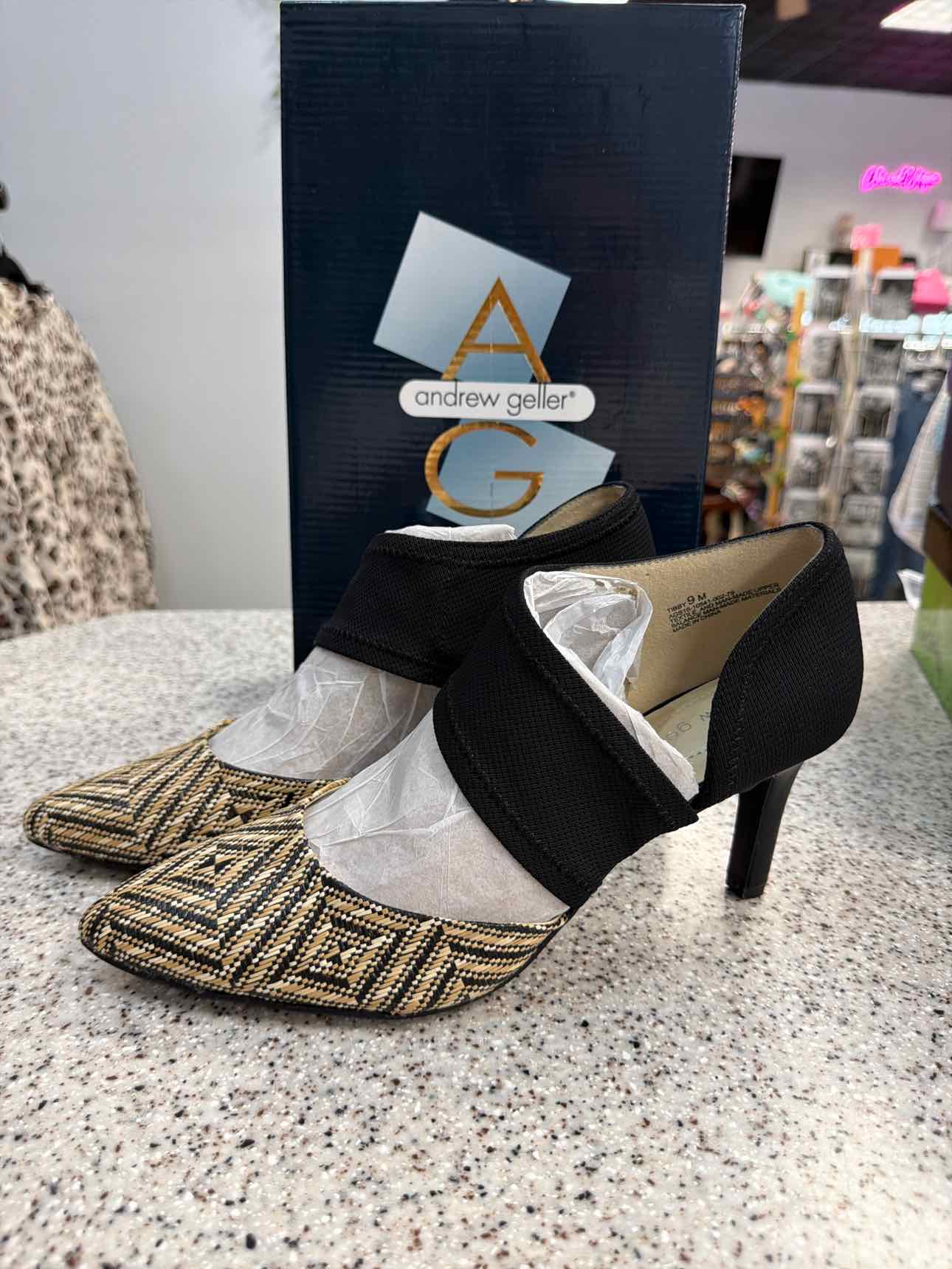 Andrew Geller Size 9 NEW Women's Geometric Woven Stretchy Strap Black Tan sandal