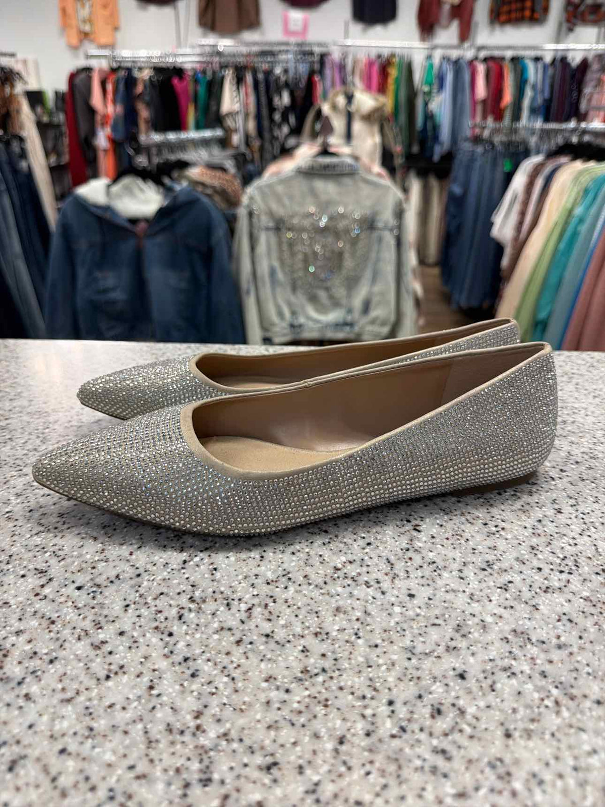 Mix No. 6 Silver Rhinestone-Covered Pointed-Toe Flats Size 8