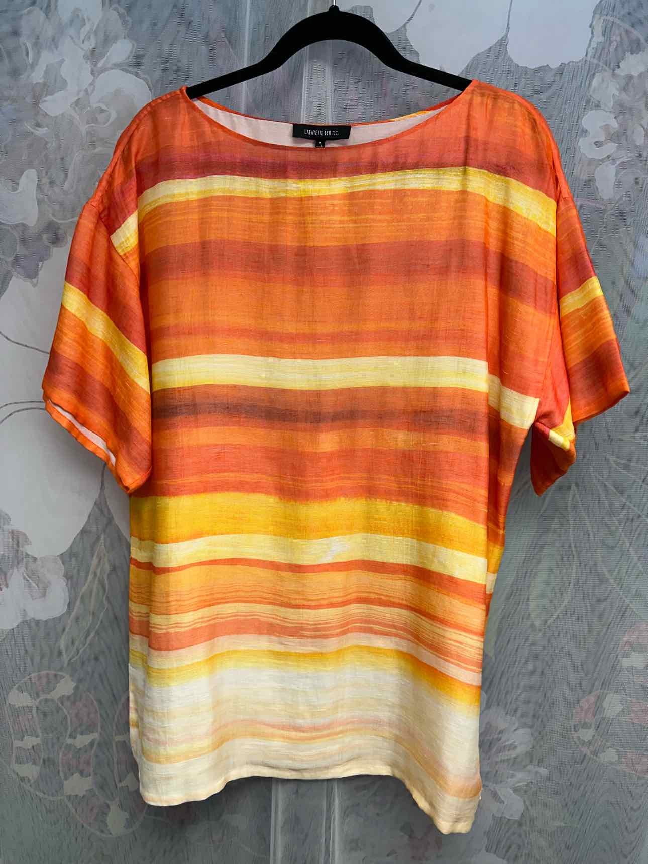 Lafayette 148 Silk Linen Blend Stripe Short Sleeve Size Medium Orange Top