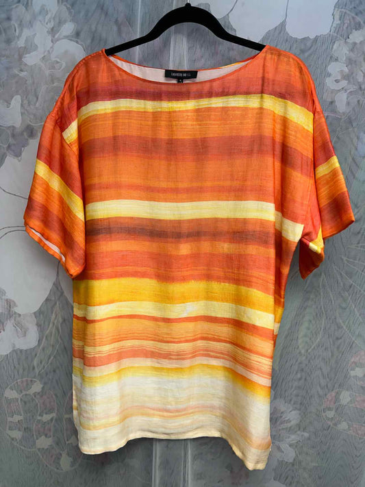 Lafayette 148 Silk Linen Blend Stripe Short Sleeve Size Medium Orange Top