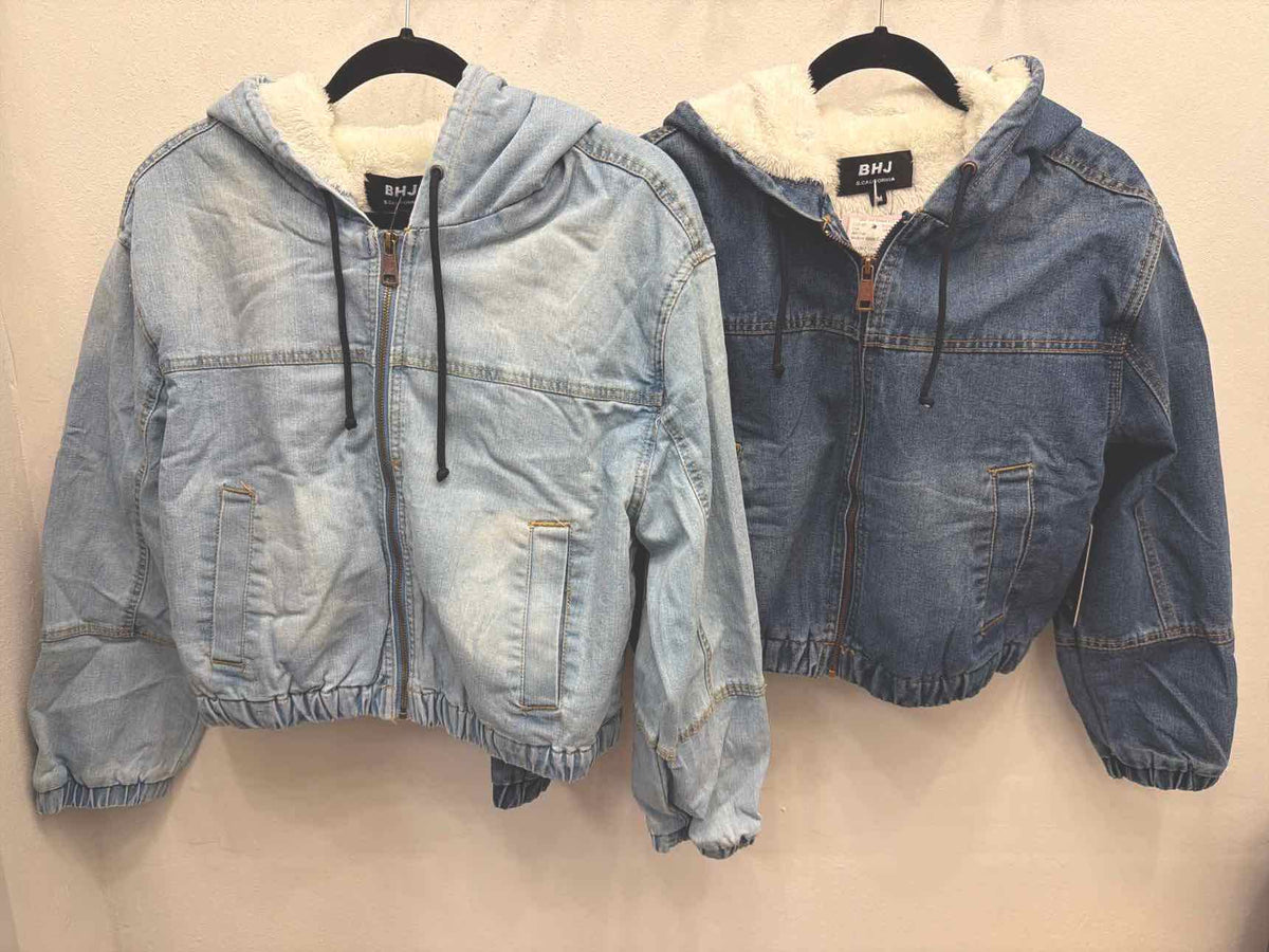 BHJ California Cropped Hooded Sherpa Lined Zip Up Denim Coat
