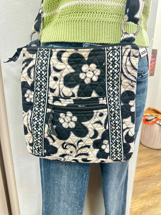 Vera Bradley Night and Day Floral Print Messenger Crossbody Black White Handbag