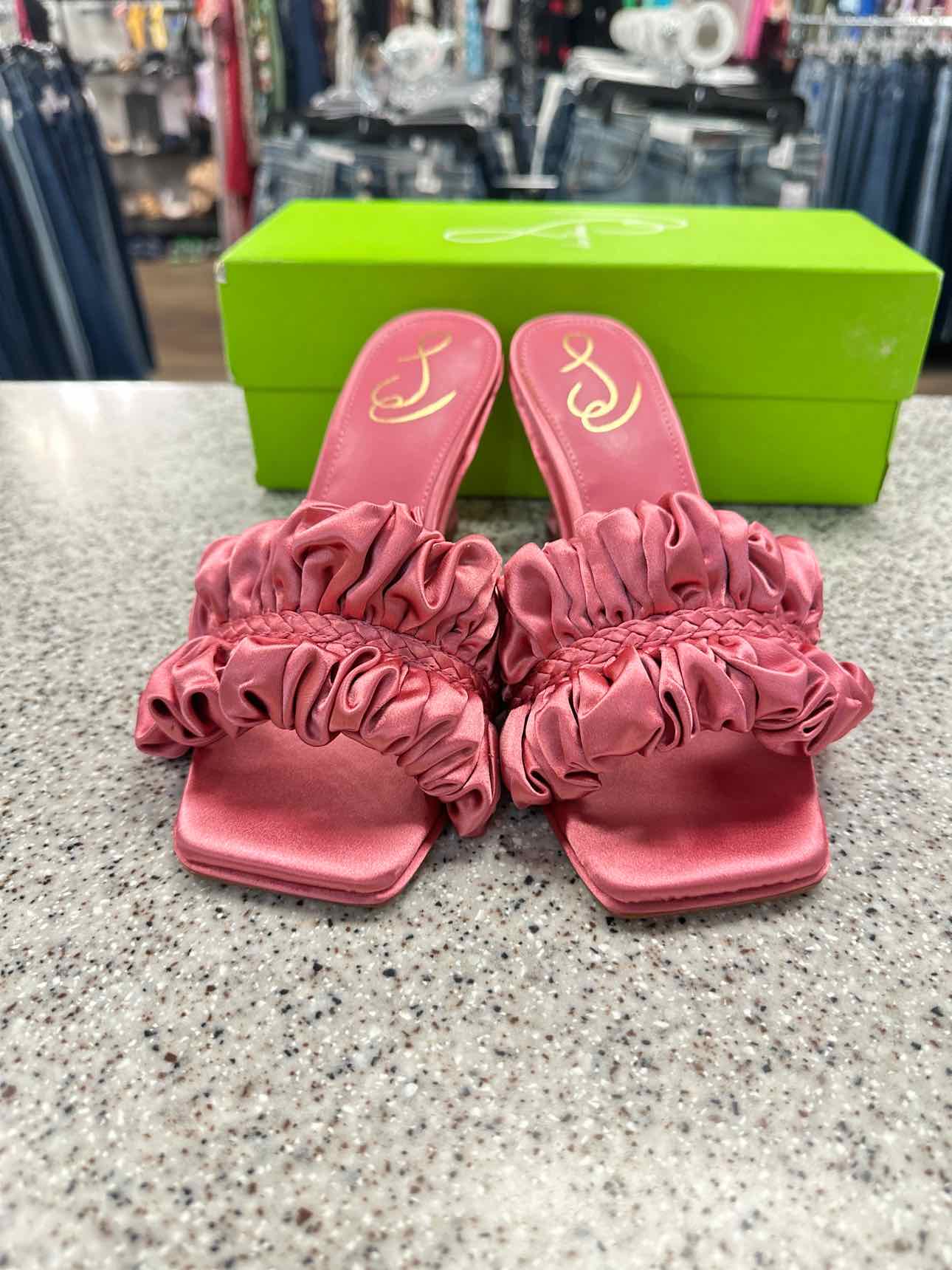 Sam Edelman Size 7 1/2 Kady Carmine Rose Ruched Ruffles Square Toe Mules Sandals
