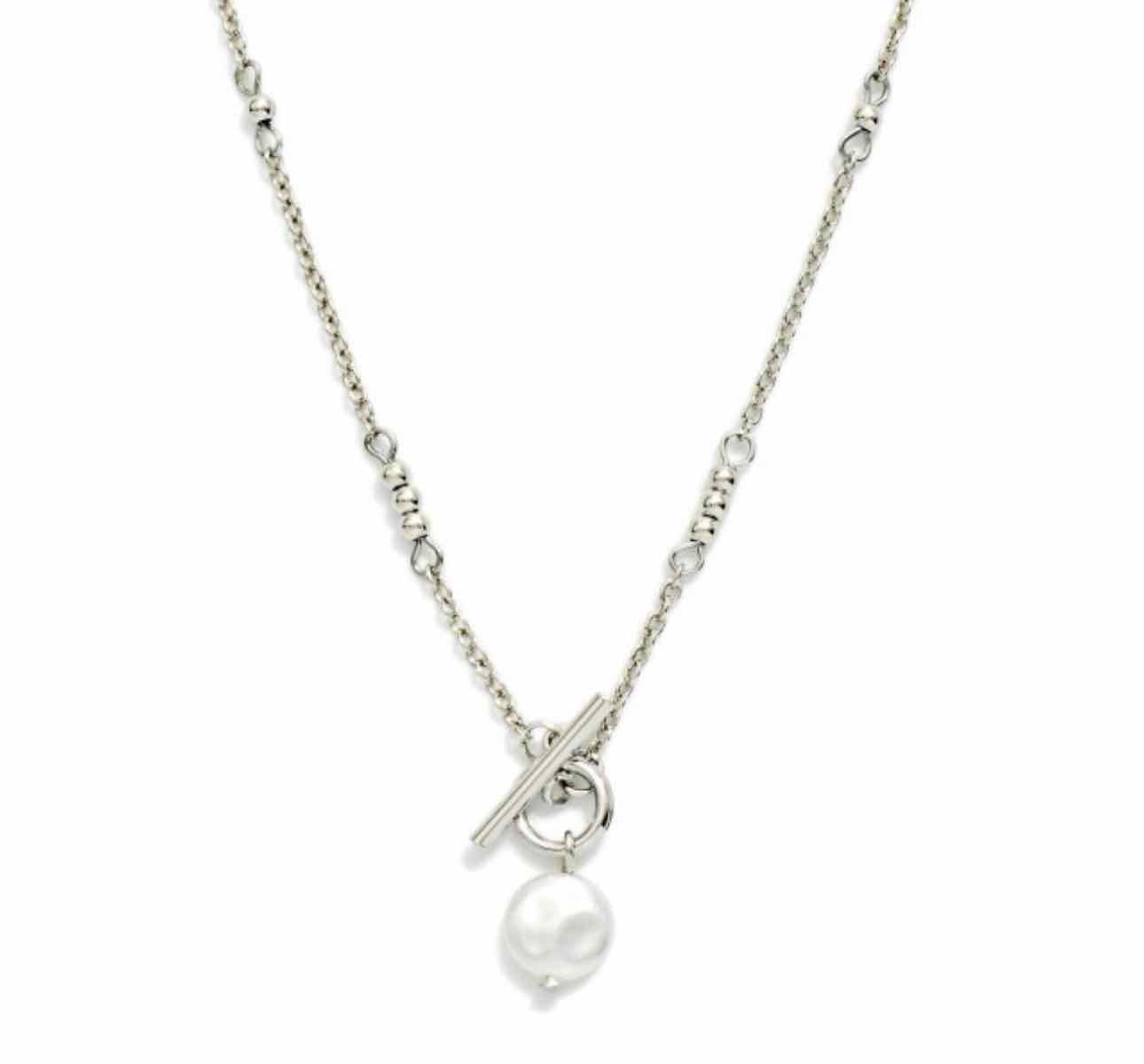 Chain Link Necklace Metal Tone Beaded Stations With Flat Pearl & Toggle Clasp