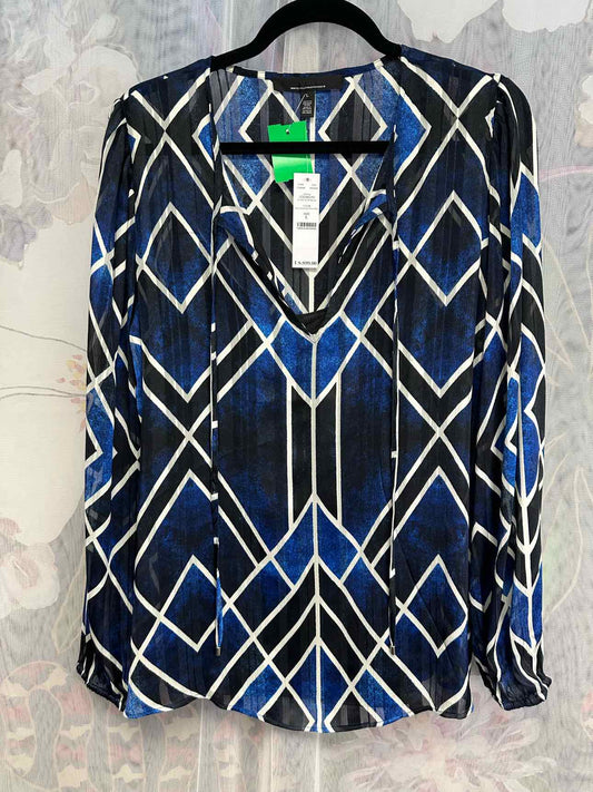 WHBM NEW NWT Sheer Layered Long Sleeve V-Neck Blouse Size Large Black/Blue Top