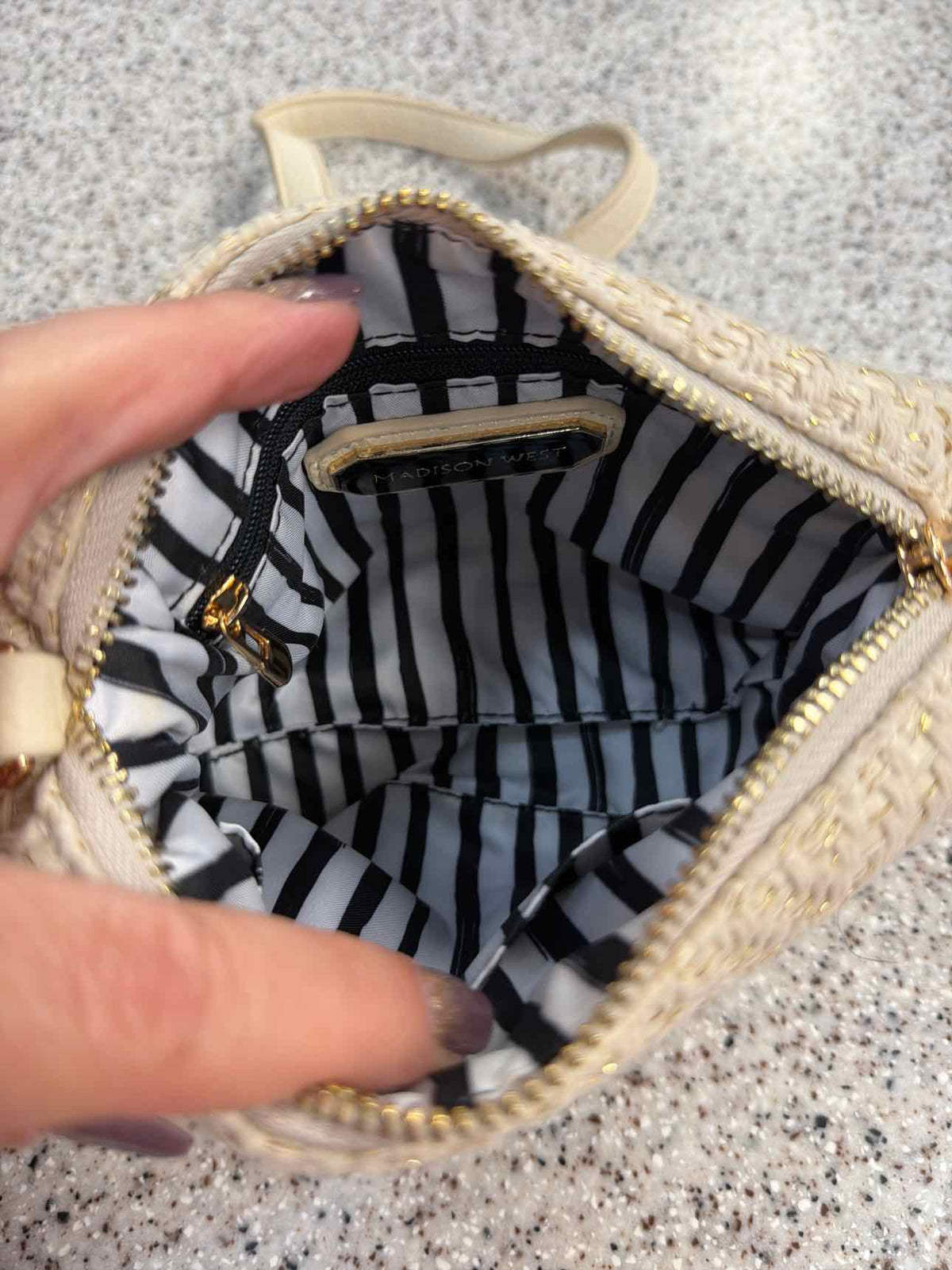 Madison West Cream Woven Canvas Gold Shimmer Crossbody Wristlet
