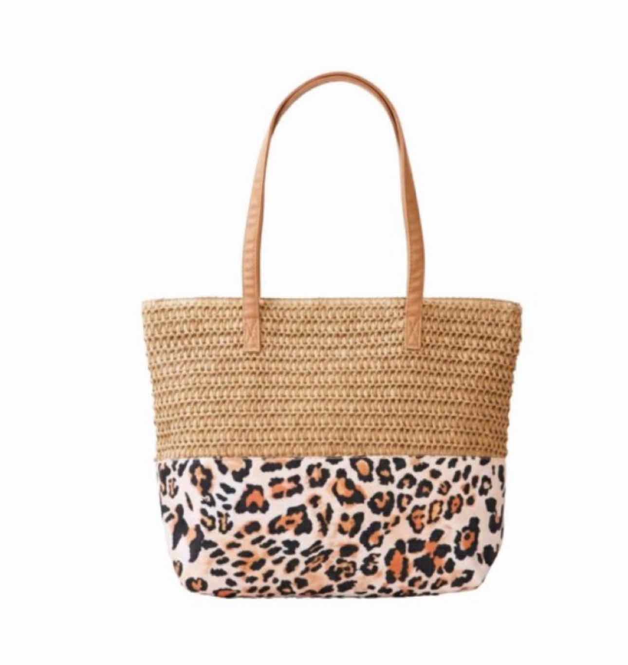Leopard Print Straw Shoulder Summer Tote Beach Bag