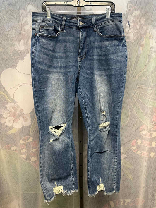 Judy Blue Size 14W Medium Wash Straight Crop Distressed Frayed Hem Denim Jeans