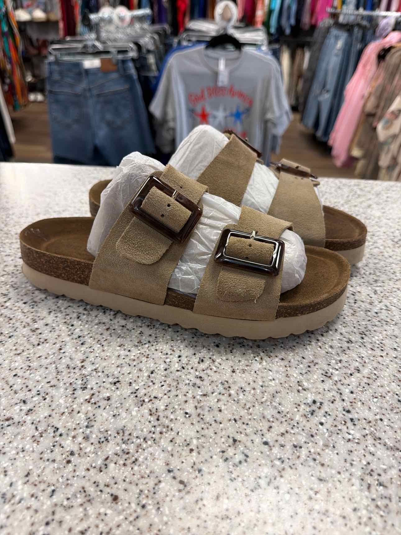 Bio Green Size 40 Suede Double Buckle Slide Cork Sandals Beige