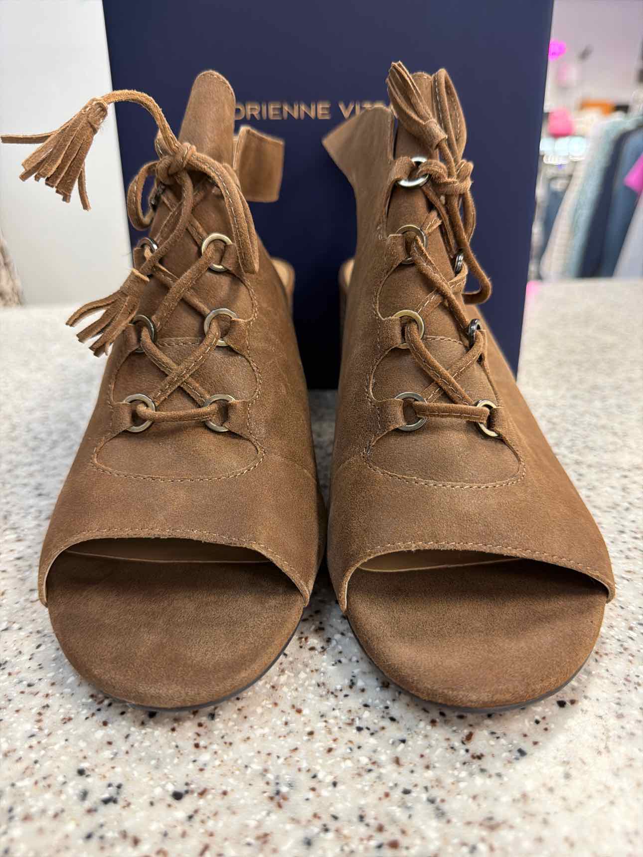 Adrienne Vittadini Size 10 Suede Open Toe Lae Up Block Heel Booties Brown NEW