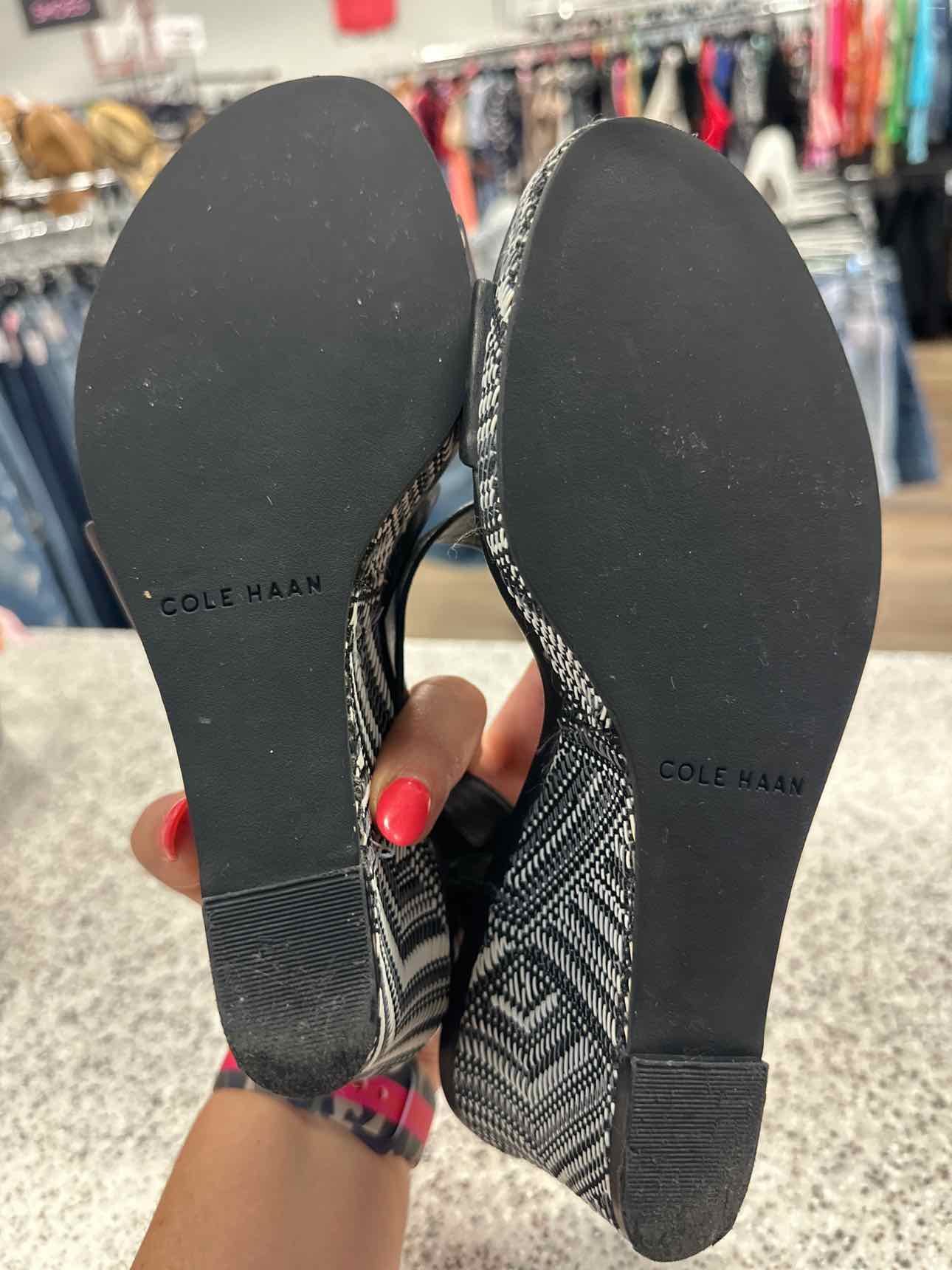Cole Haan Size 7 Ravenna embroidered woven strappy heel Black White Sandal Shoes