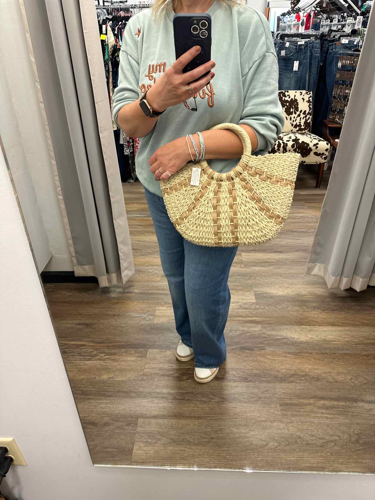 Woven Straw Tote Bag With Fanned Stripes Detail