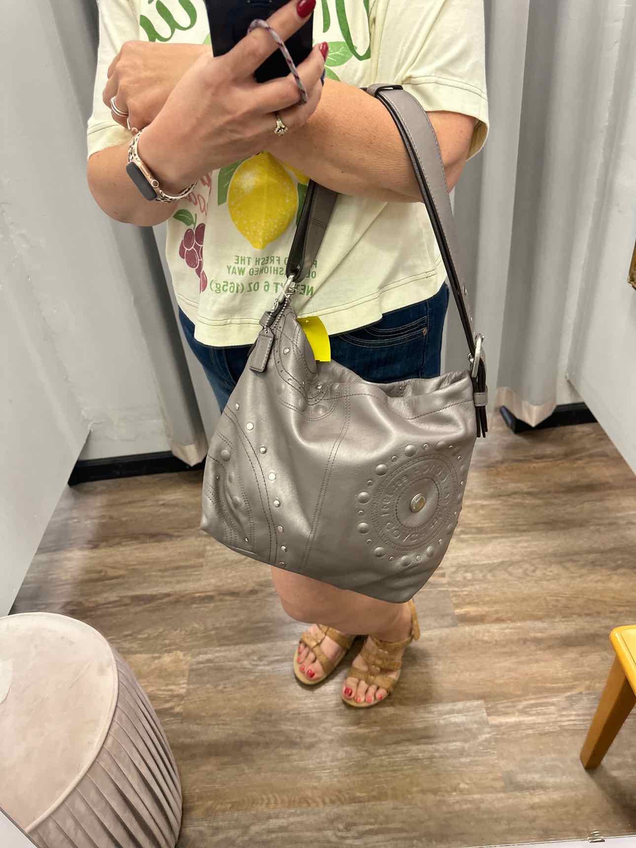Coach Studded Applique Duffel Hobo Grey Leather Shoulder Handbag