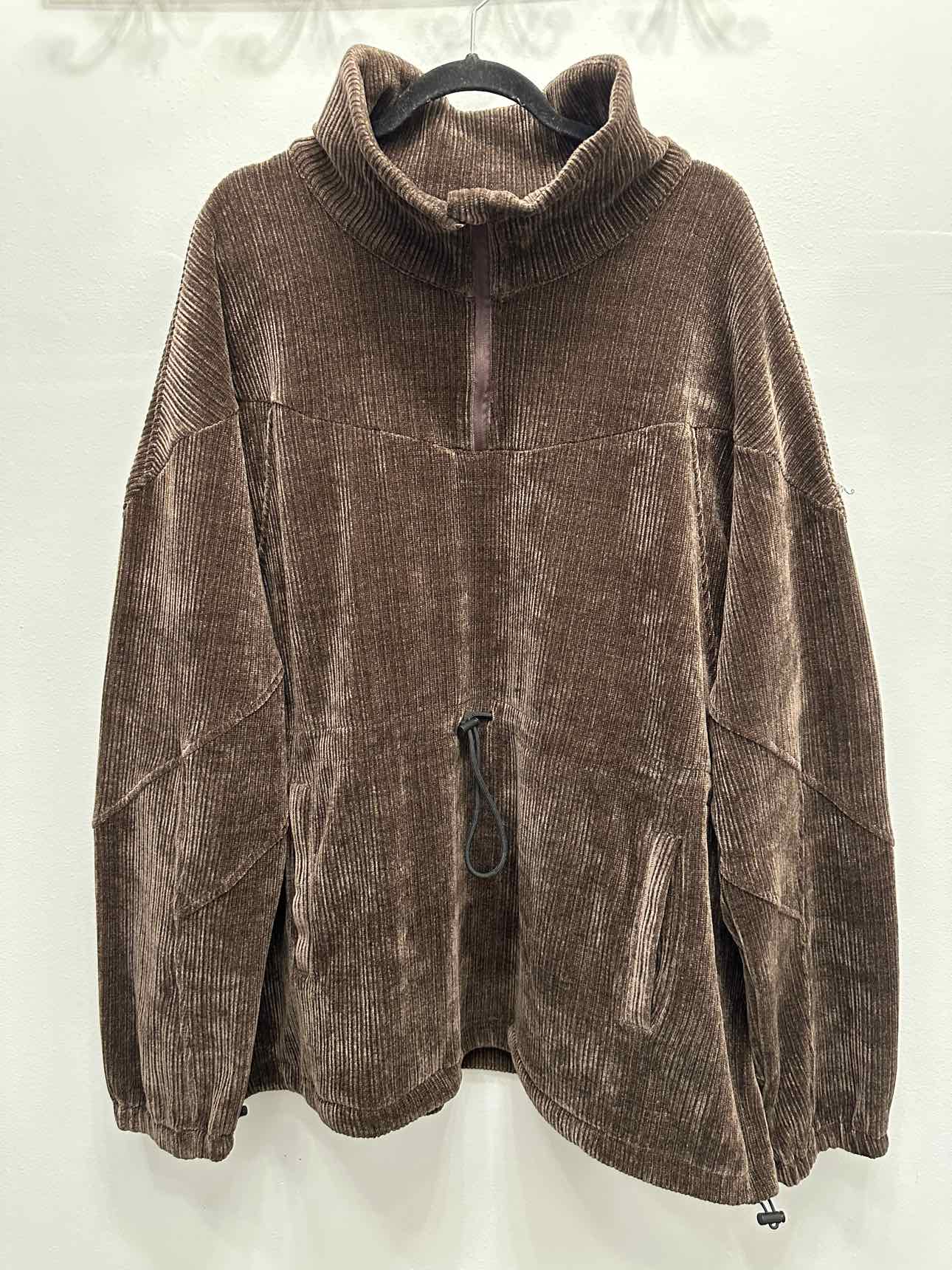 White Birch Velour Ribbed Mock Neck Oversize Drawstring 3X Brown sweat shirt