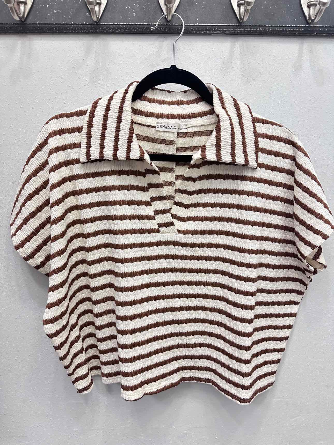 Zenana Size Striped Short Sleeve Collar Cropped Top
