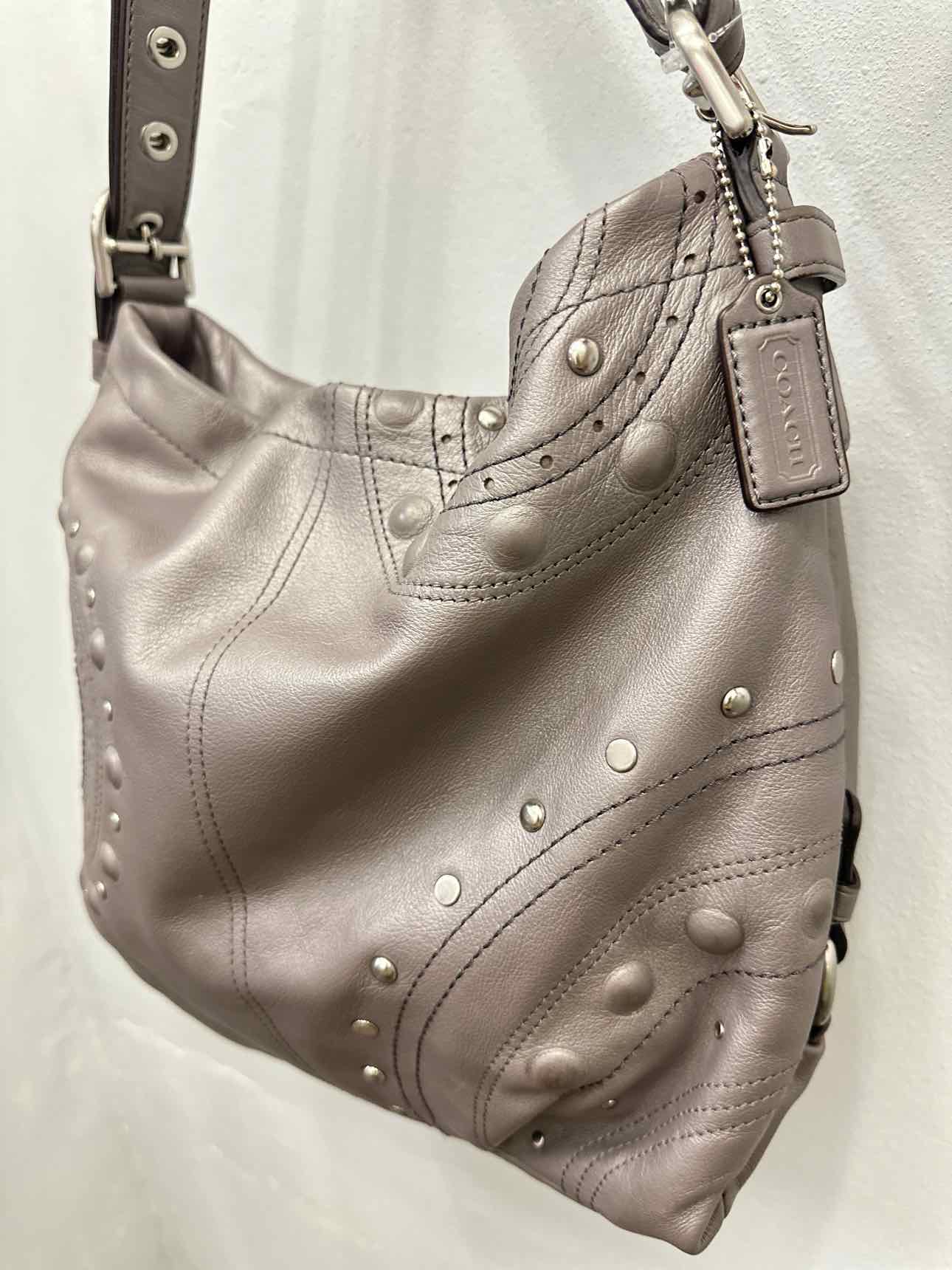 Coach Studded Applique Duffel Hobo Grey Leather Shoulder Handbag