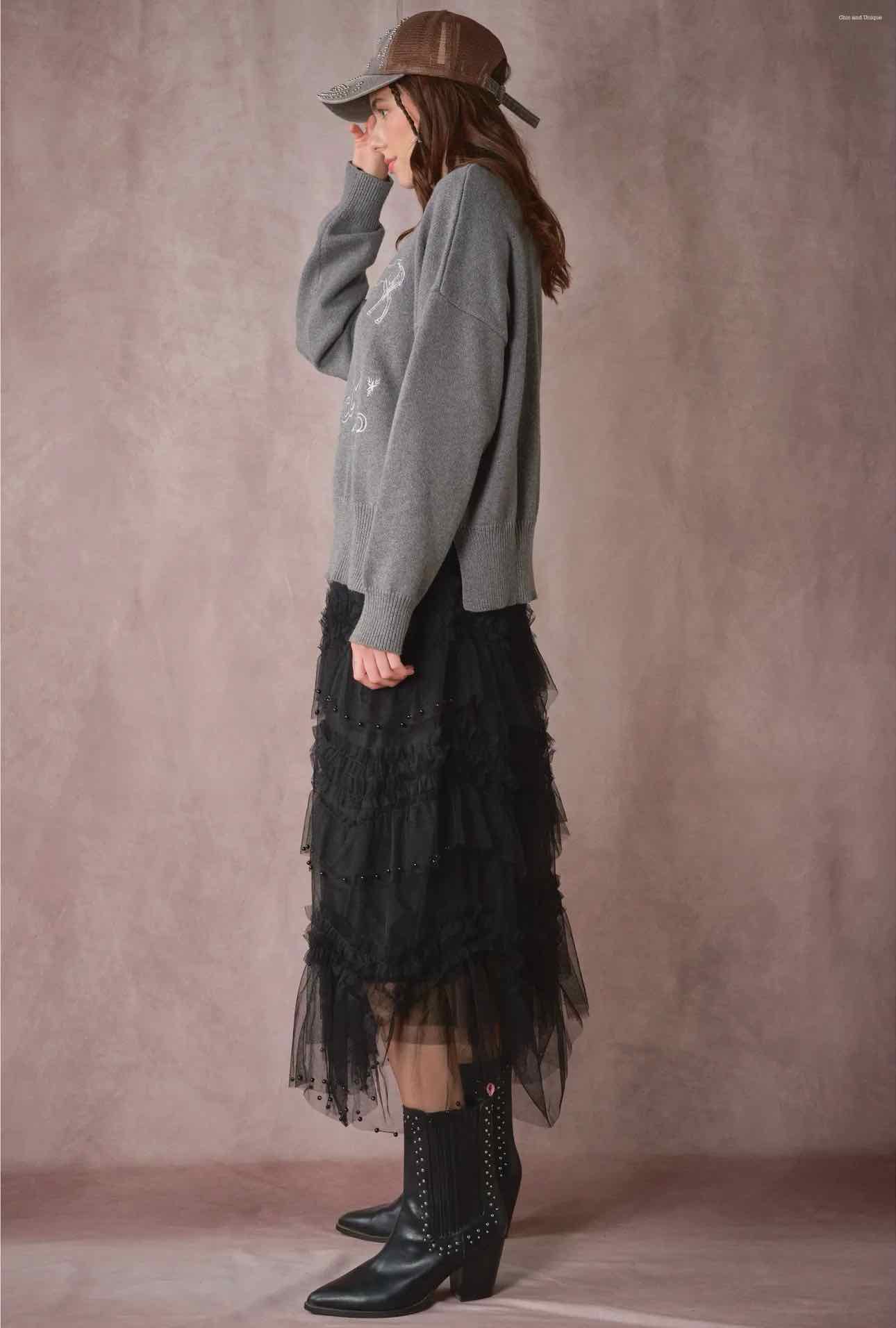 Country Blooming Lace Black Beaded Maxi Skirt