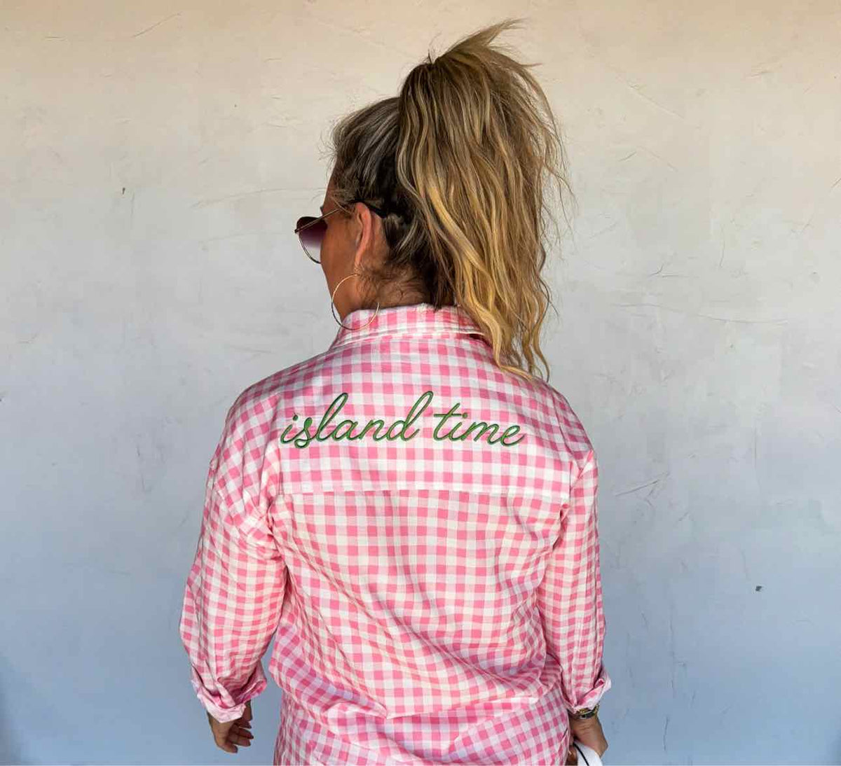 "Island Time"  Embroidered Gingham Button Down Long Sleeve Top