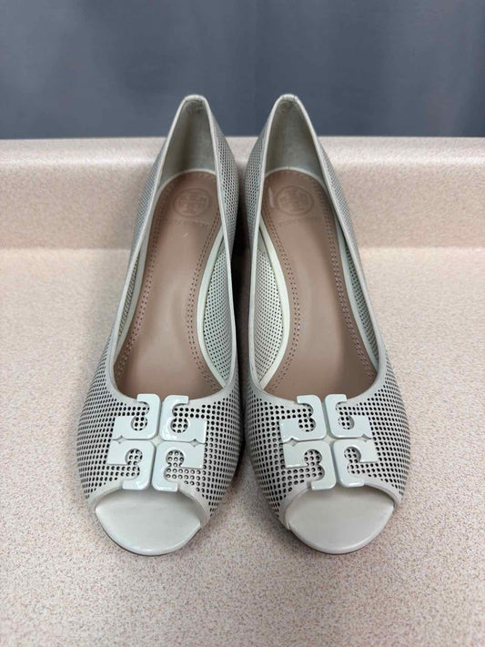 Tory Burch Size 7.5 leather slip on wedge, mesh Off white Sandals Shoes