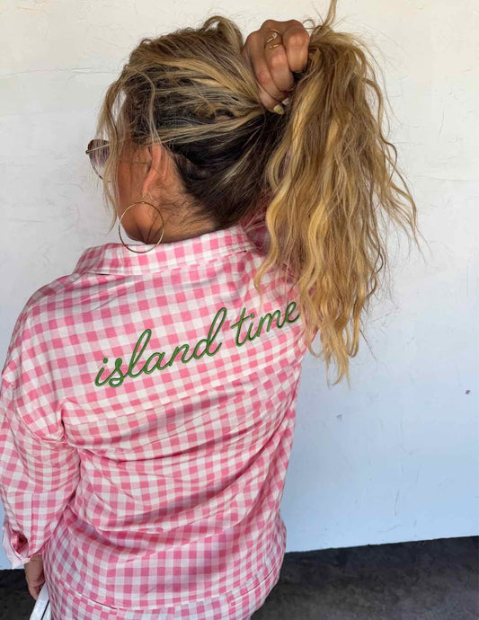 "Island Time"  Embroidered Gingham Button Down Long Sleeve Top