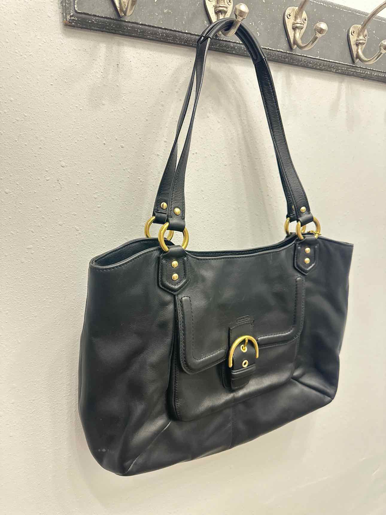 Coach Campbell Belle Carryall Leather Shoulder Bag with Buckle Black Handbags