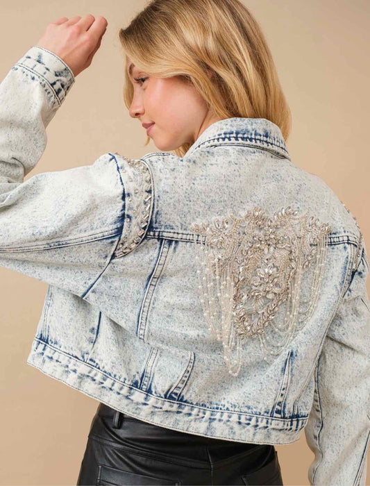 Acid Washed Beaded Embellished Denim Jacket
