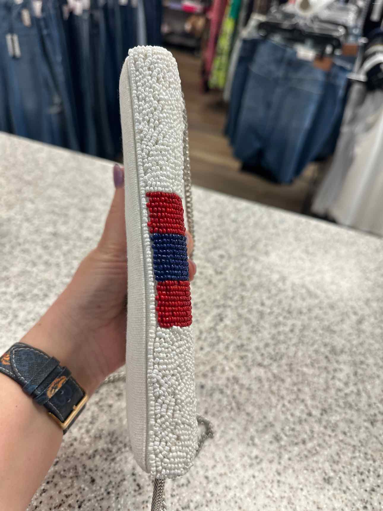 Seed Bead Clutch in White with Red and Blue Stripes