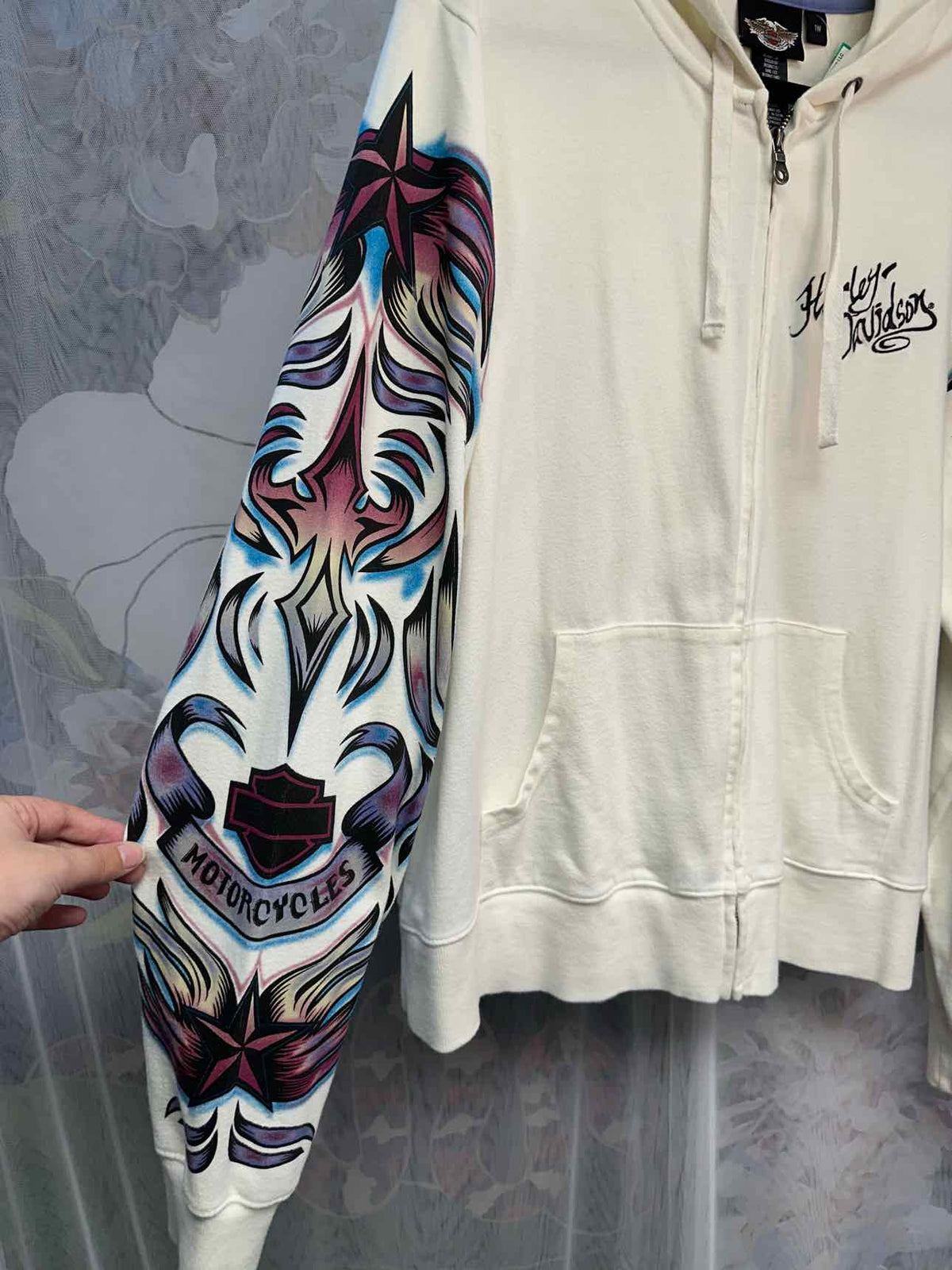 Harley Davidson Print Design Sleeves Zip Up Size 1 White Sweatshirt